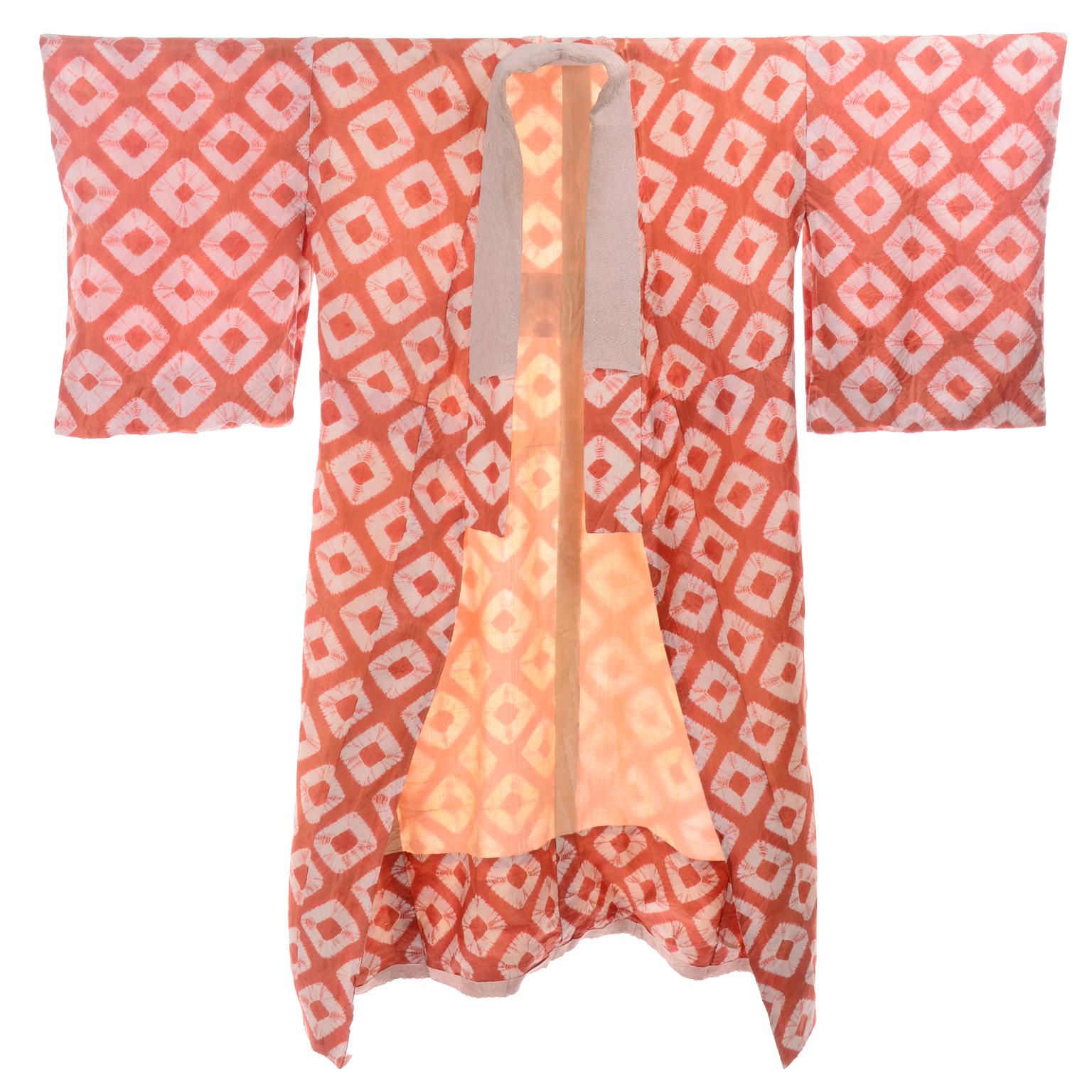 Pink 1930s Hand Dyed Kimono Japanese Shibori Silk Orange Minimalist Robe or Jacket