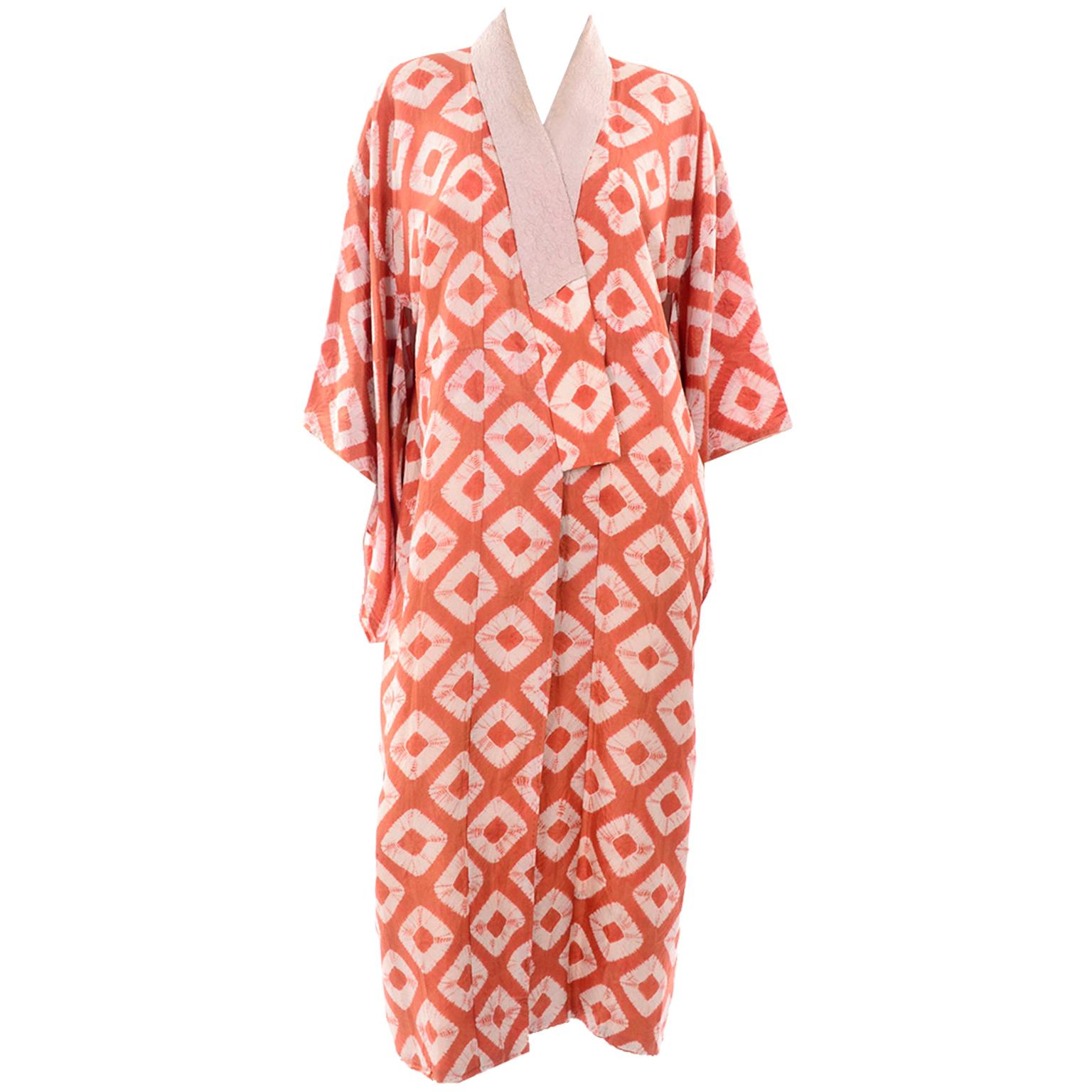 1930s Hand Dyed Kimono Japanese Shibori Silk Orange Minimalist Robe or Jacket