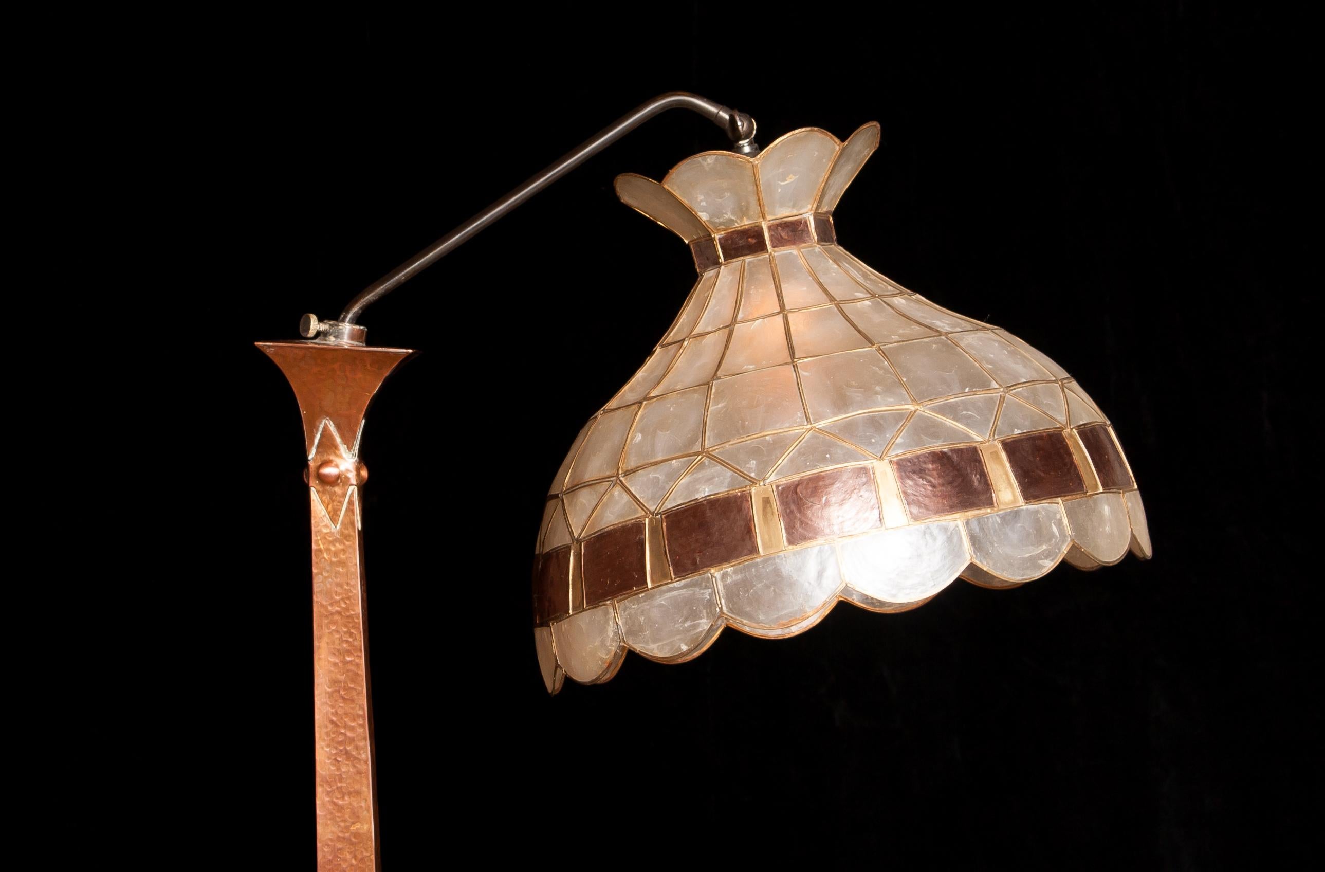 Jugendstil 1930s, Hand-Hammered Red Copper and Tiffani Style Art Deco Floor Lamp, Sweden