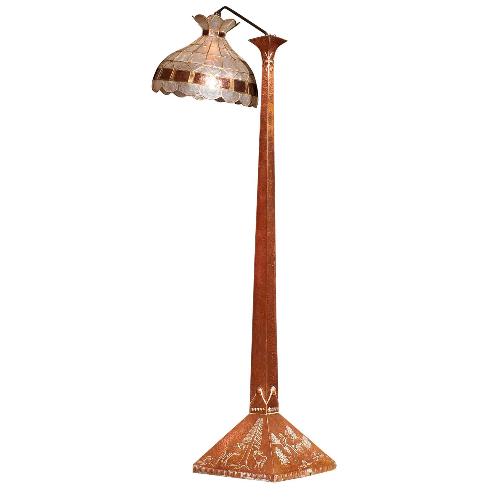 Jugendstil 1930s, Hand-Hammered Red Copper and Tiffani Style Art Deco Floor Lamp, Sweden