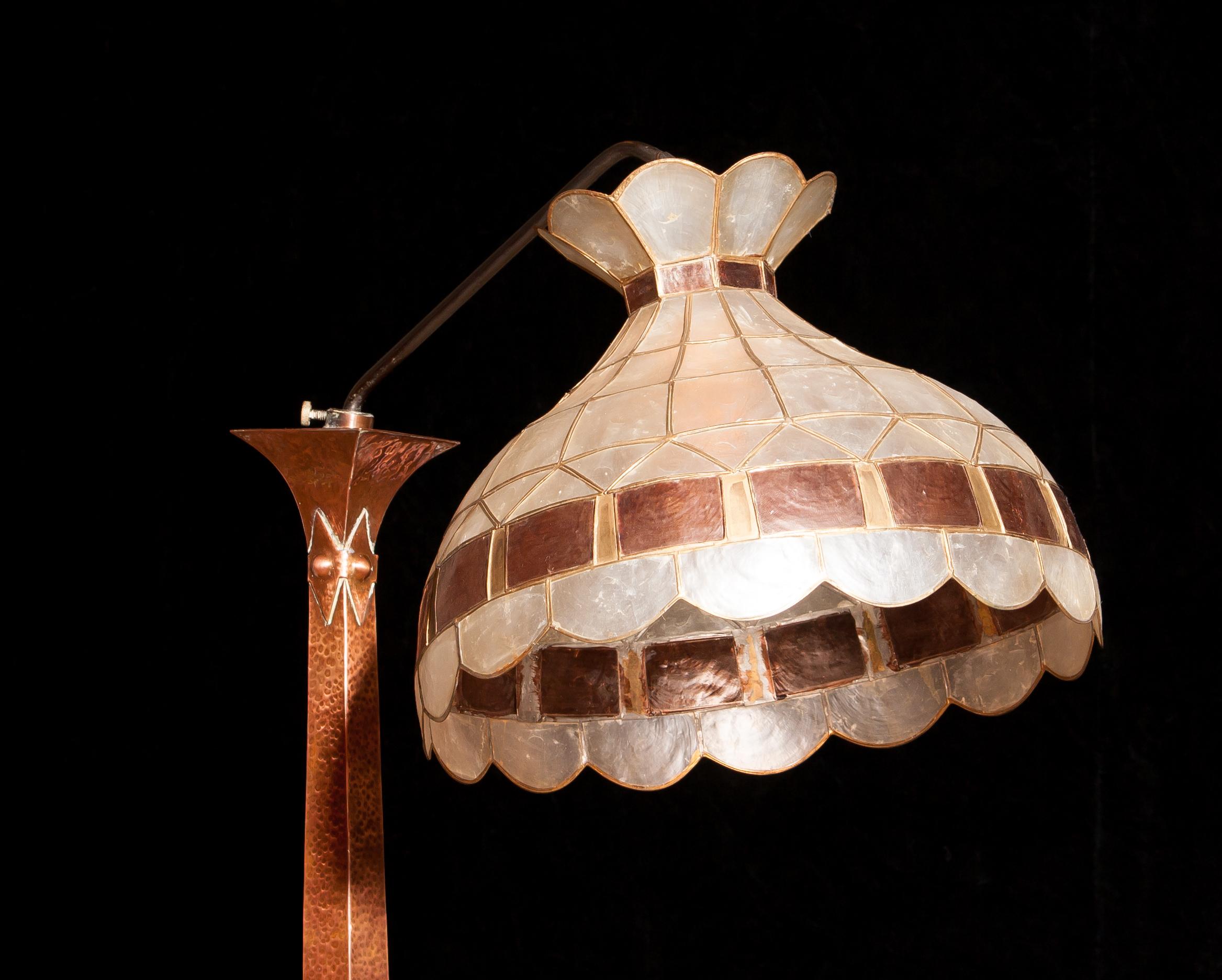 Swedish 1930s, Hand-Hammered Red Copper and Tiffani Style Art Deco Floor Lamp, Sweden