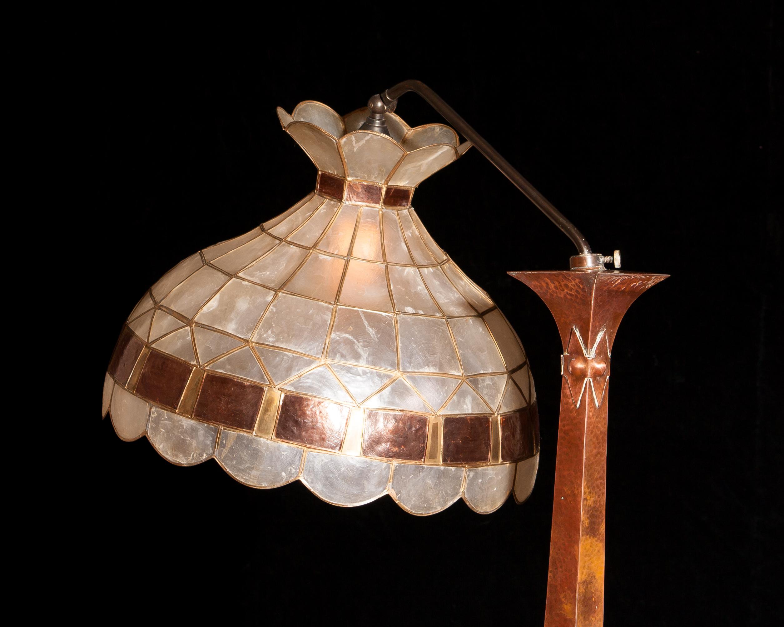 1930s, Hand-Hammered Red Copper and Tiffani Style Art Deco Floor Lamp, Sweden 1