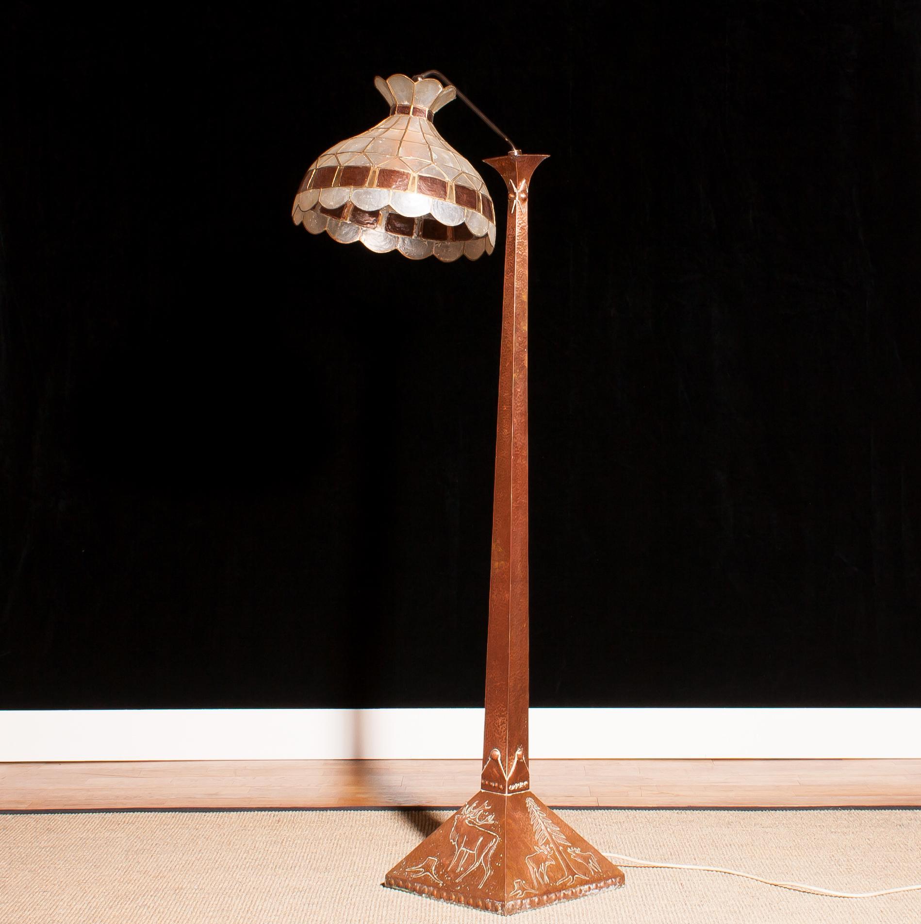 1930s, Hand-Hammered Red Copper and Tiffani Style Art Deco Floor Lamp, Sweden 3