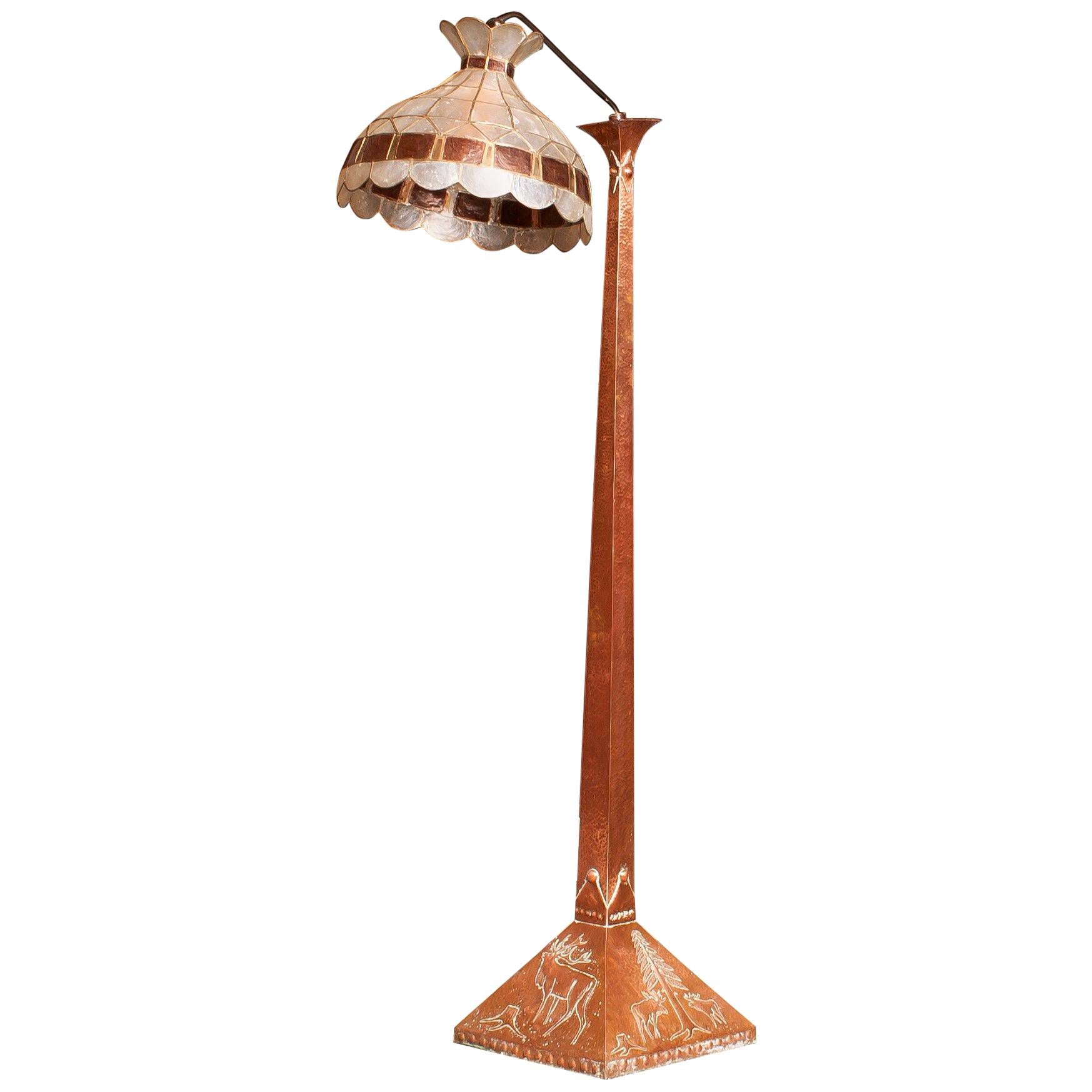 1930s, Hand-Hammered Red Copper and Tiffani Style Art Deco Floor Lamp, Sweden