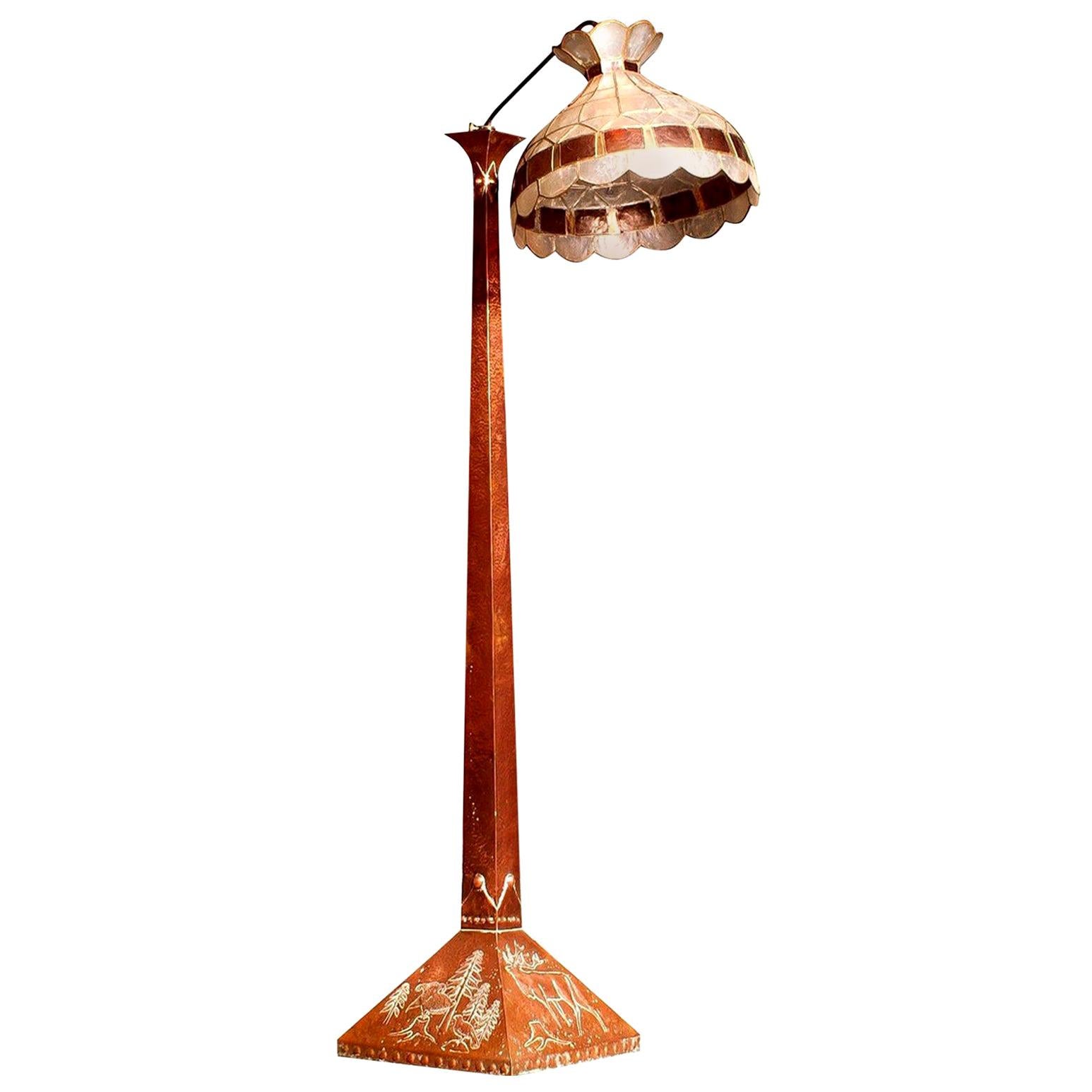 1930s, Hand-Hammered Red Copper and Tiffani Style Art Deco Floor Lamp, Sweden