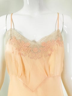 1930s Hand Look Peach Silk Applique Bias Cut Slip 36
