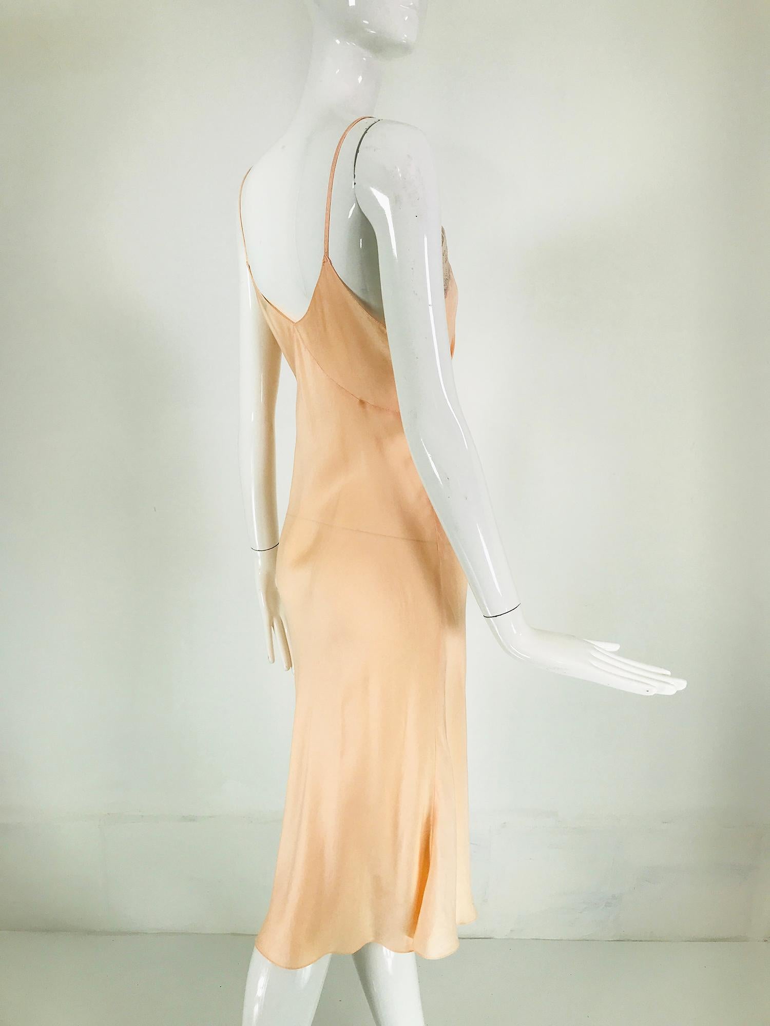 1930s Hand Look Peach Silk Applique Bias Cut Slip 36 For Sale 1