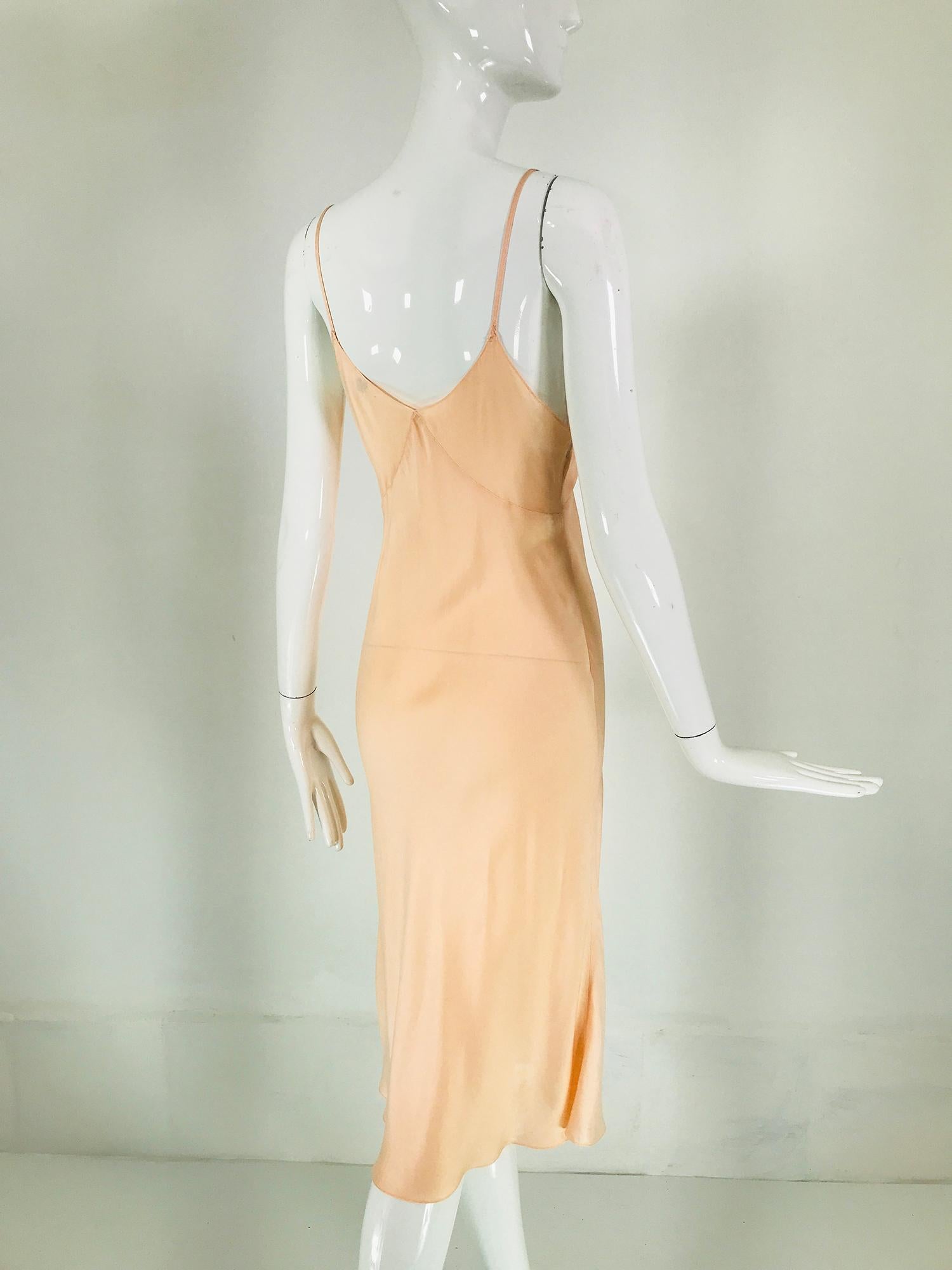 1930s Hand Look Peach Silk Applique Bias Cut Slip 36 For Sale 2