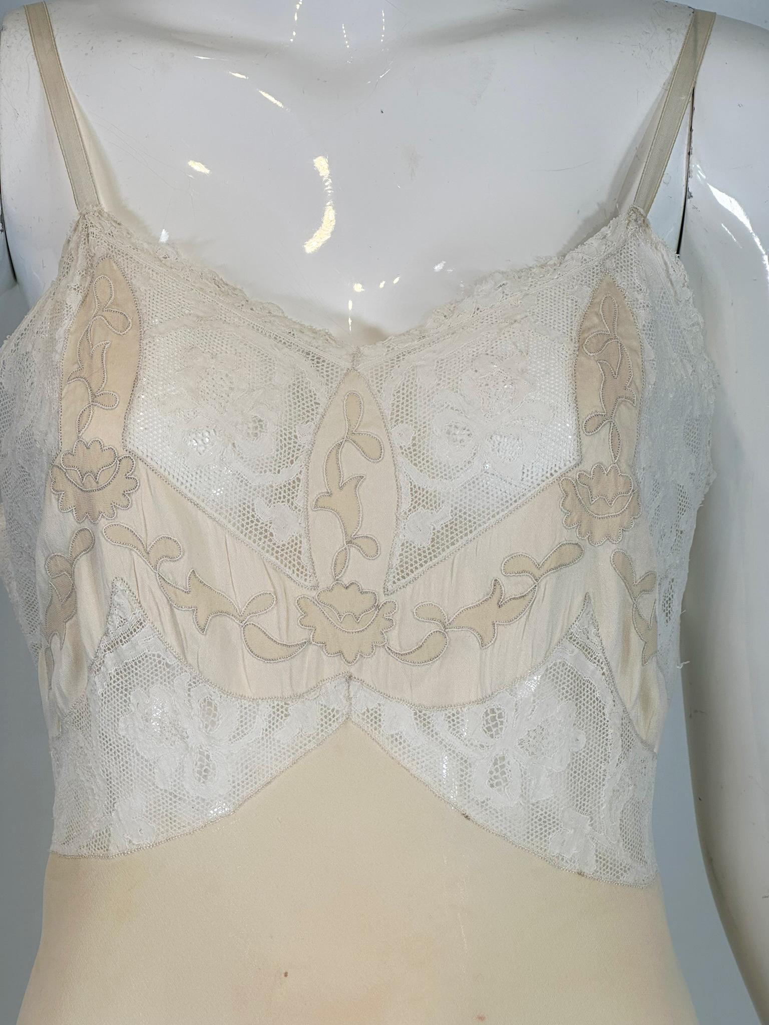 Beige 1930s Hand Made Cream Silk Chiffon Bobbin Lace Applique & Embroidered  Slip For Sale
