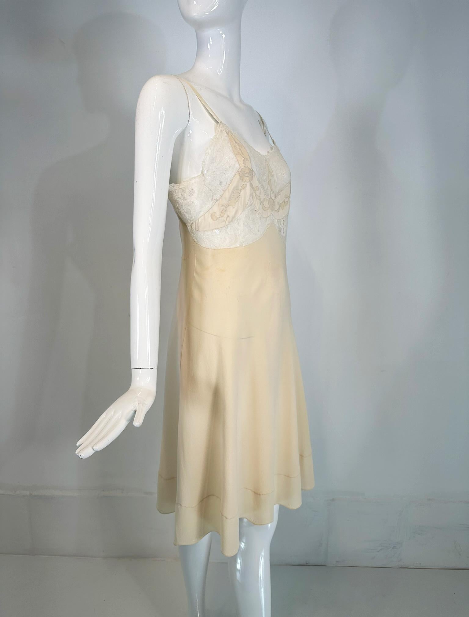 Women's 1930s Hand Made Cream Silk Chiffon Bobbin Lace Applique & Embroidered  Slip For Sale