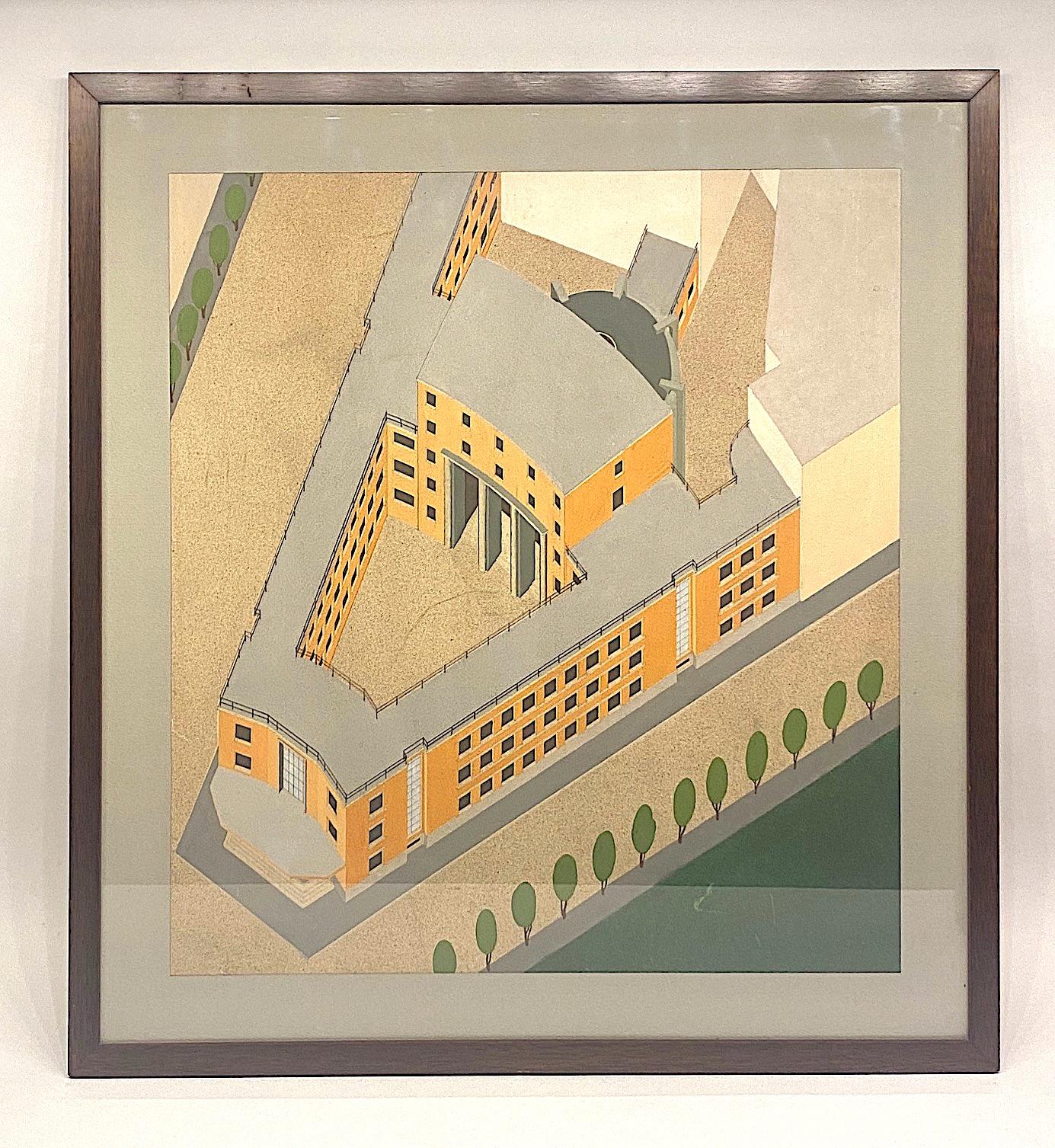 Hand drawn and painted rendering of the Italian Fascist building circa 1920-1930. The rendering shows a finished view from above of what became known as Casa del Fascio. This building is placed strategically designed for a wedge shape plot where two