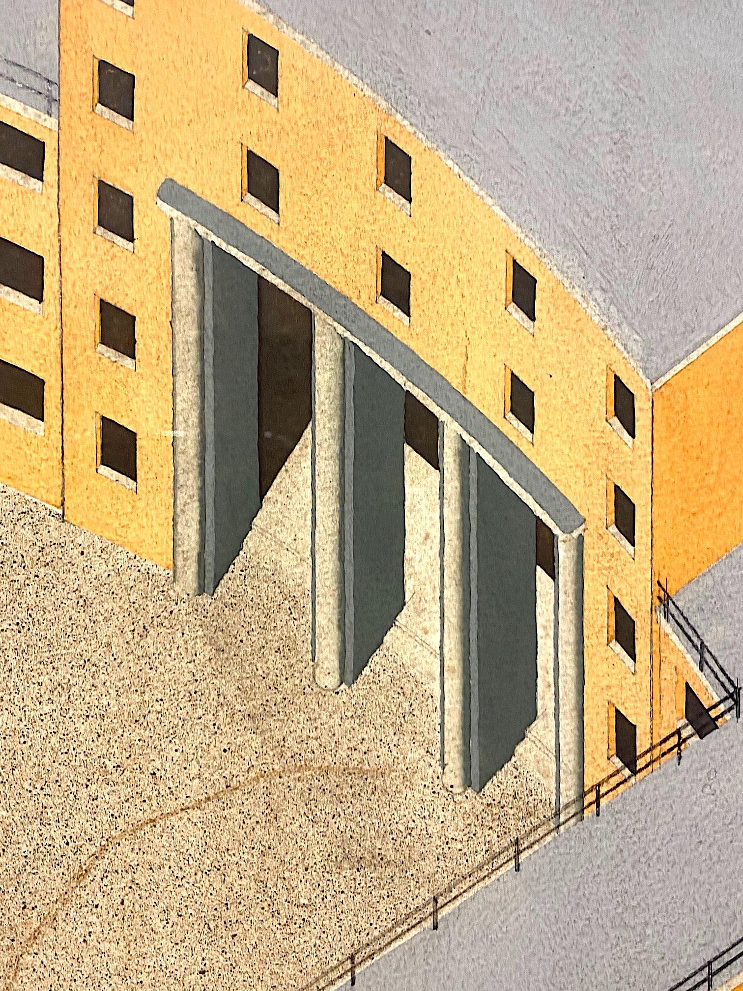 Italian 1930s Hand Painted Architectural Rendering of Fascist Palazzo Littorio
