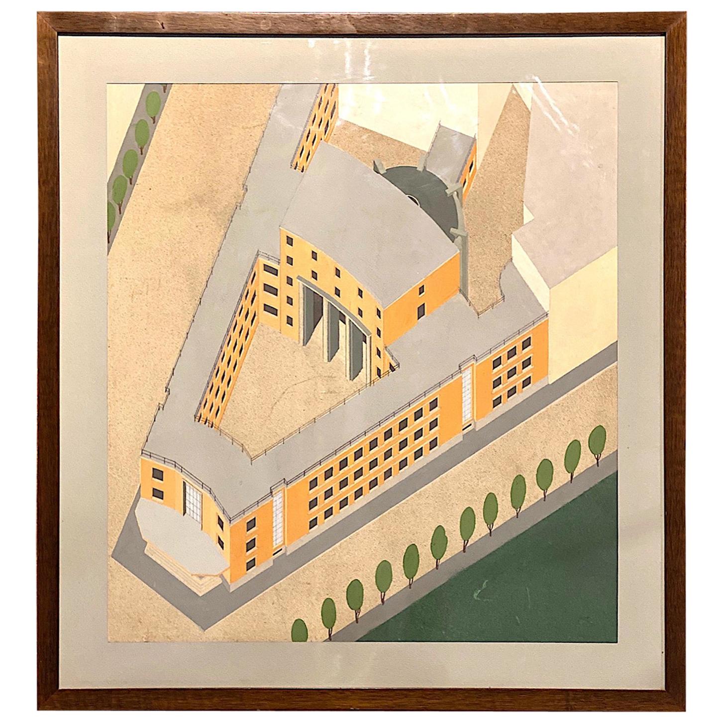 1930s Hand Painted Architectural Rendering of Fascist Palazzo Littorio