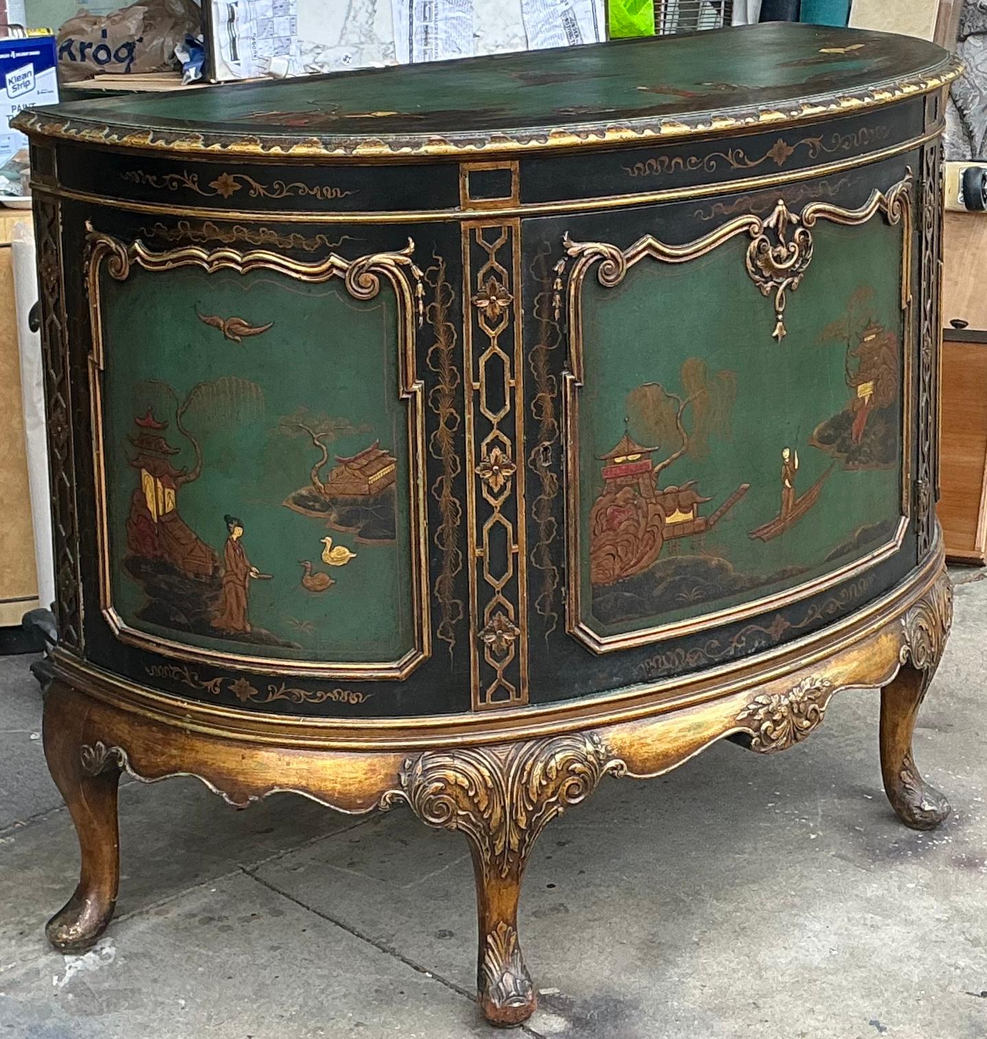 1930s Hand Painted Chinese Chippendale Style Chinoiserie Demilune Cabinet In Good Condition In Kennesaw, GA