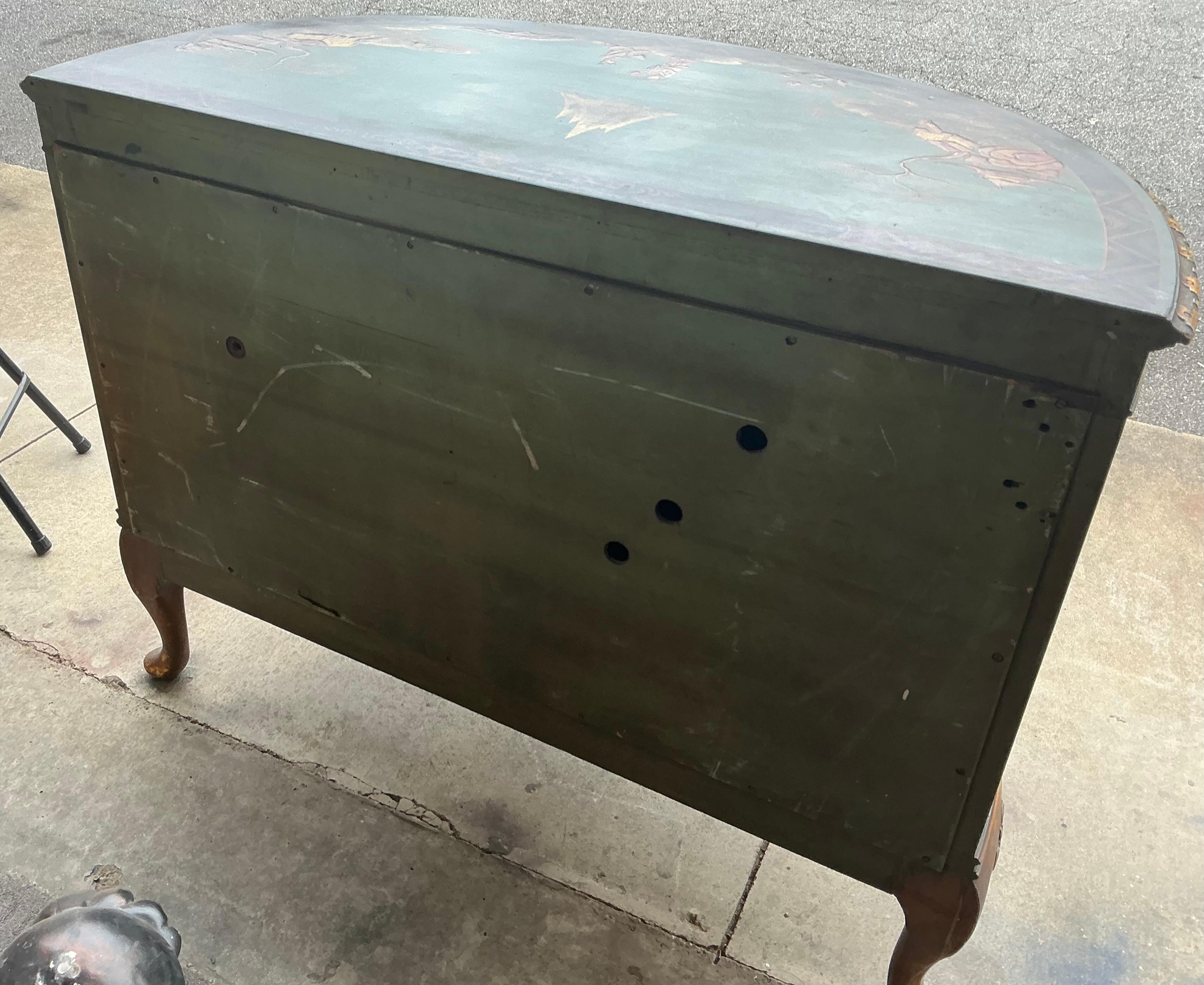 20th Century 1930s Hand Painted Chinese Chippendale Style Chinoiserie Demilune Cabinet