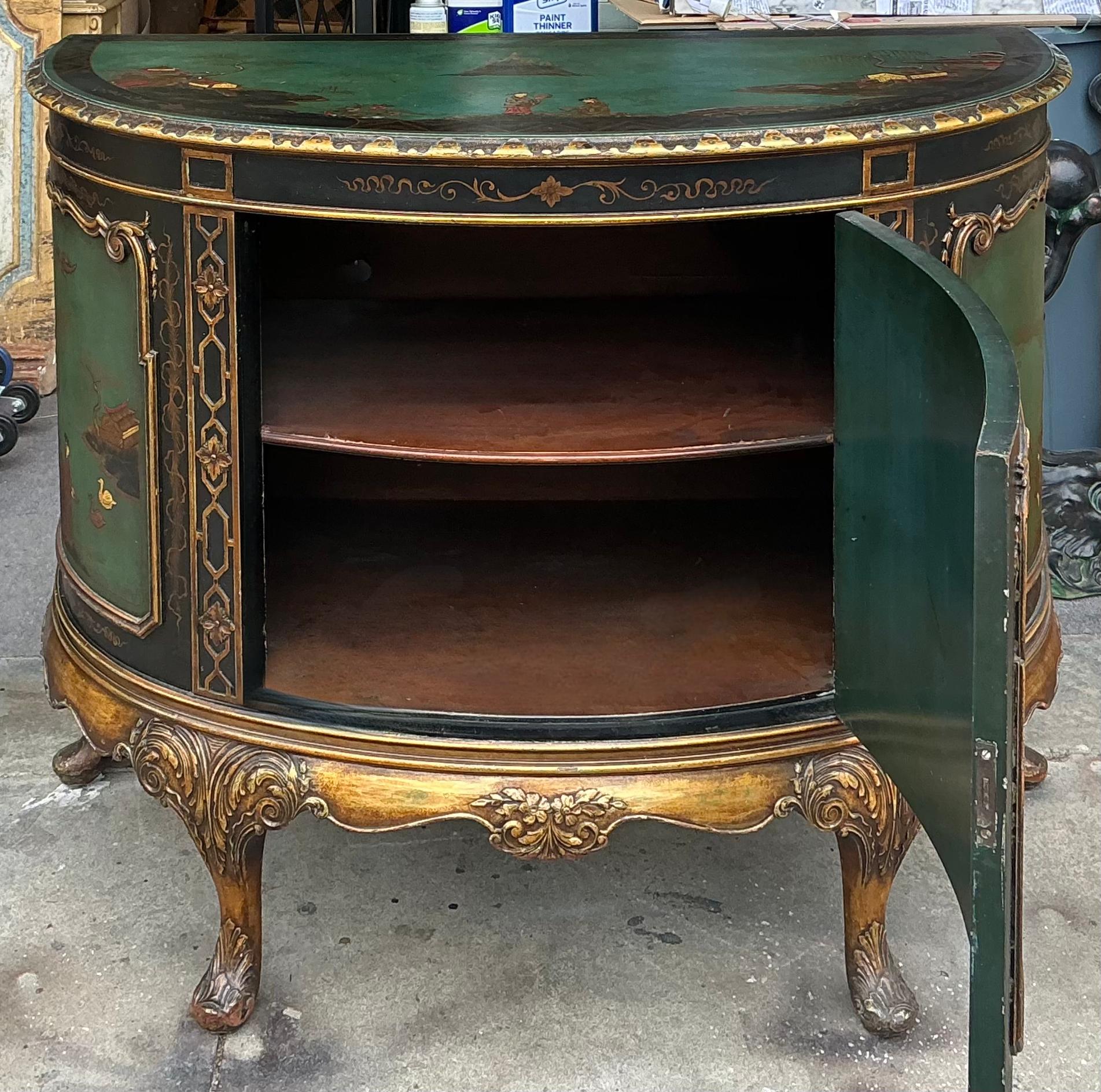 Wood 1930s Hand Painted Chinese Chippendale Style Chinoiserie Demilune Cabinet