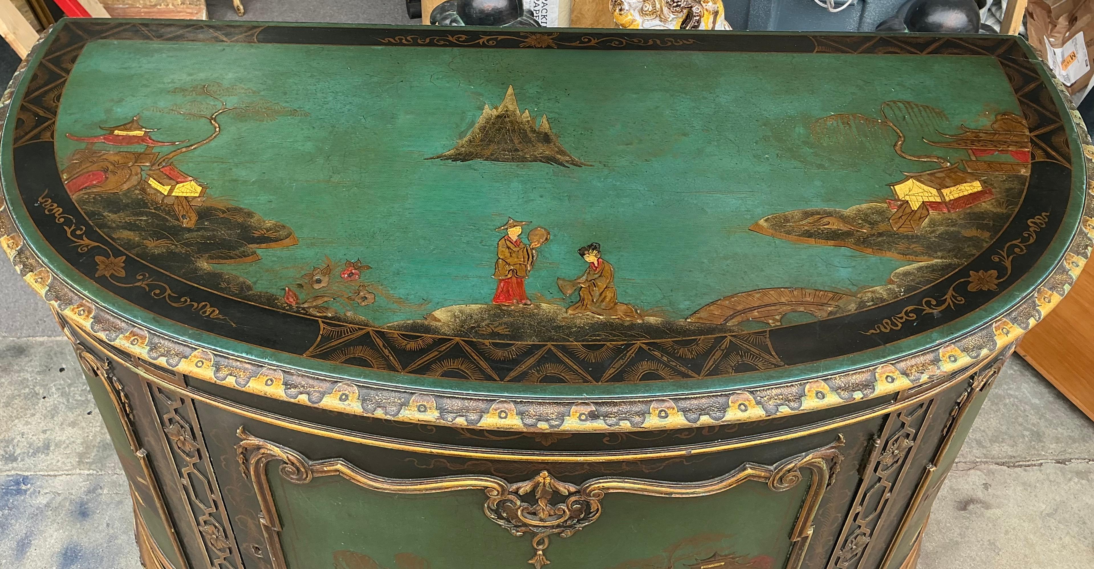1930s Hand Painted Chinese Chippendale Style Chinoiserie Demilune Cabinet 1
