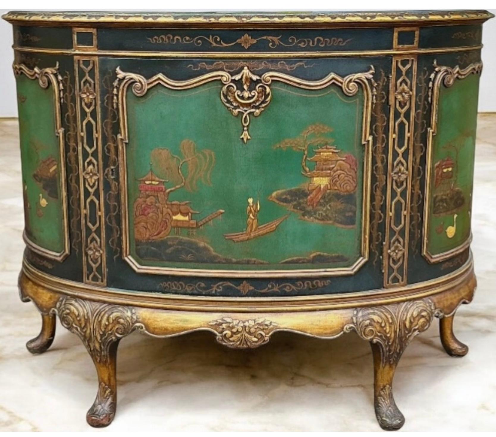 1930s Hand Painted Chinese Chippendale Style Chinoiserie Demilune Cabinet 2
