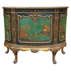 1930s Hand Painted Chinese Chippendale Style Chinoiserie Demilune Cabinet