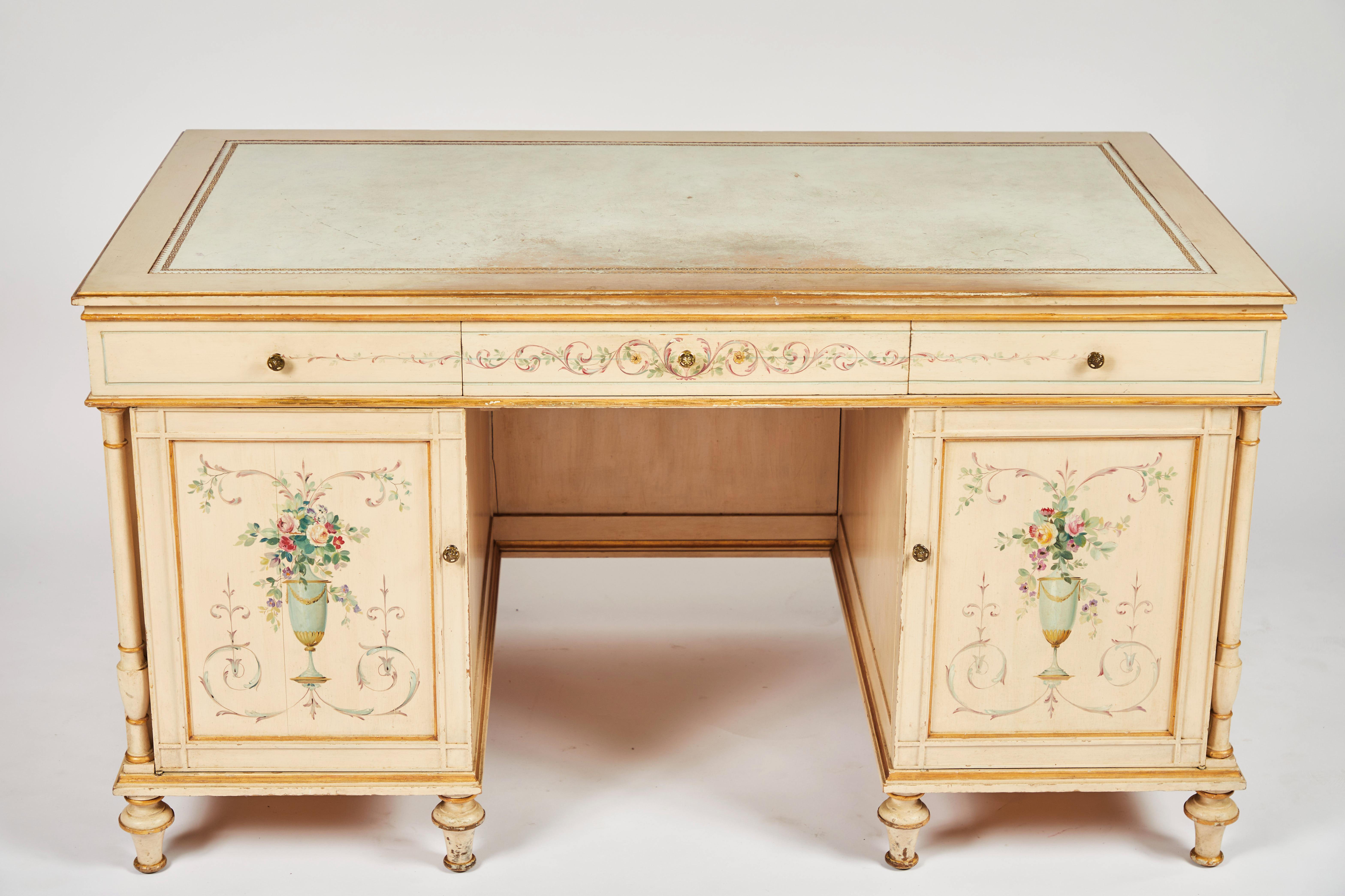 1930s hand painted desk in the Continental style
Leather inset top with gilded edge details.
Provenance - childhood desk of JP Morgan's grand daughter, from an old Montecito estate.