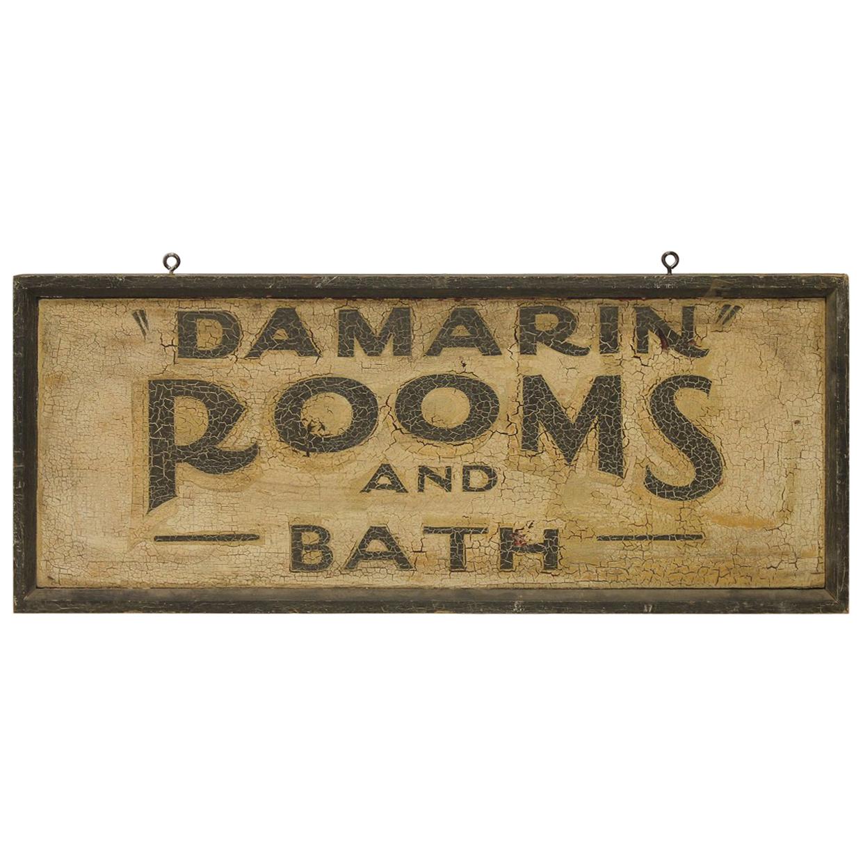 1930s Hand Painted Wood Sign " Rooms And Bath " For Sale