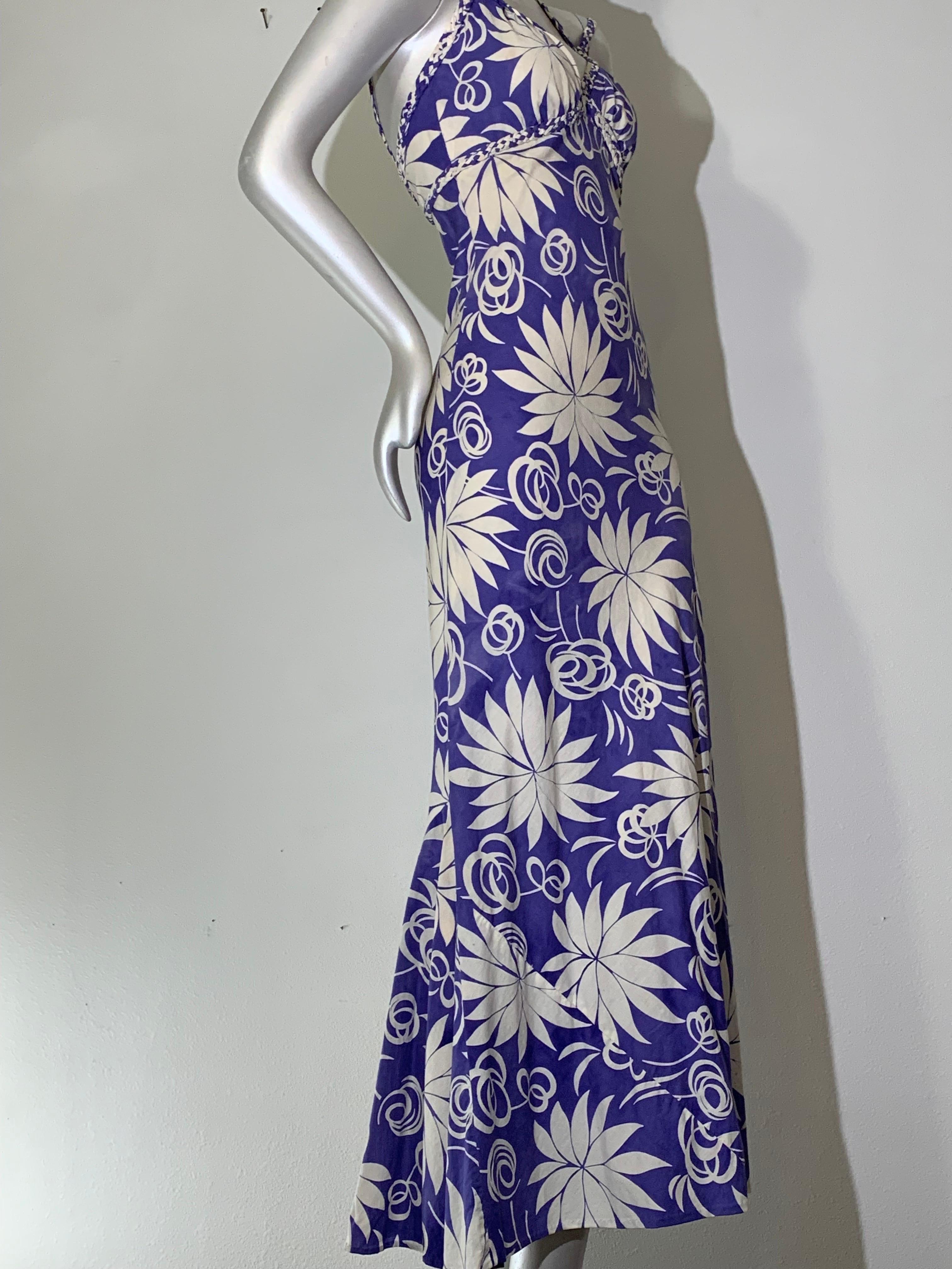 1930s Handkerchief Cotton Summer Floral Print Bias-Cut Gown w Braid Straps For Sale 8