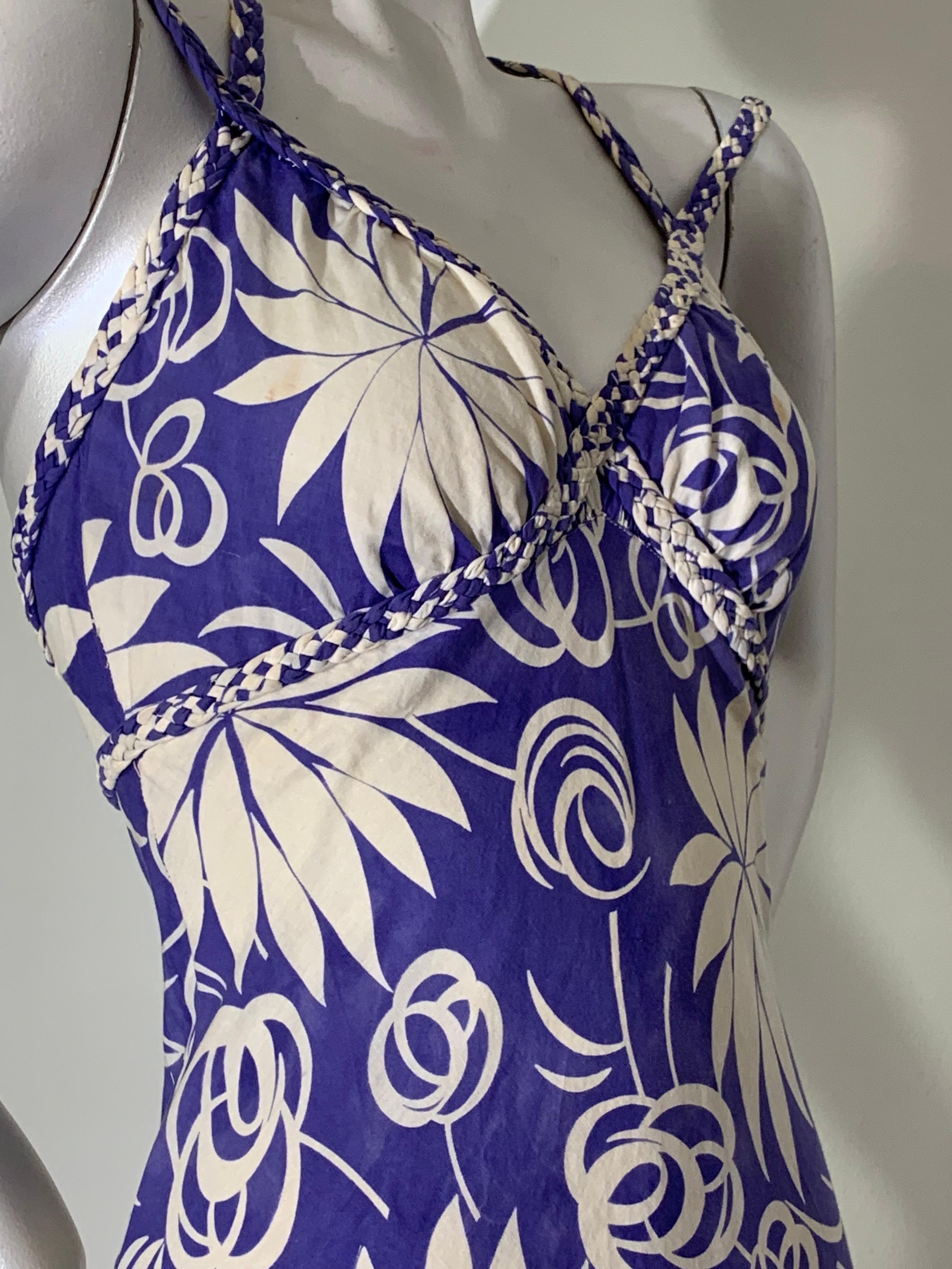 1930s Handkerchief Cotton Summer Floral Print Bias-Cut Gown w Braid Straps For Sale 9