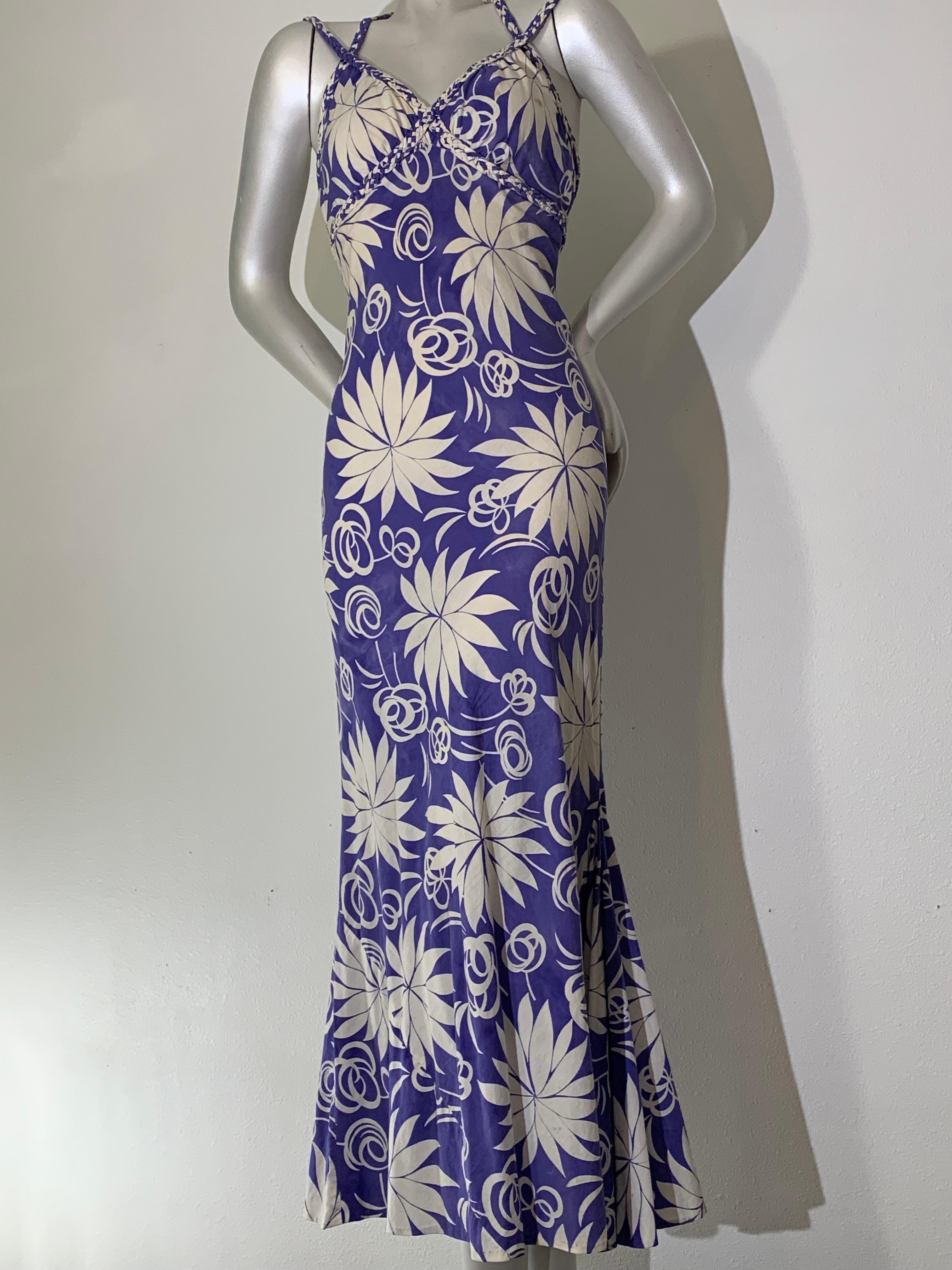 1930s Handkerchief Cotton Summer Floral Print Bias-Cut Gown w Braid Straps:  A beautiful lavender and white floral print in a hard-to-find 1930s glamorous style. Double braided fabric shoulder straps and matching braidwork accentuate the bodice