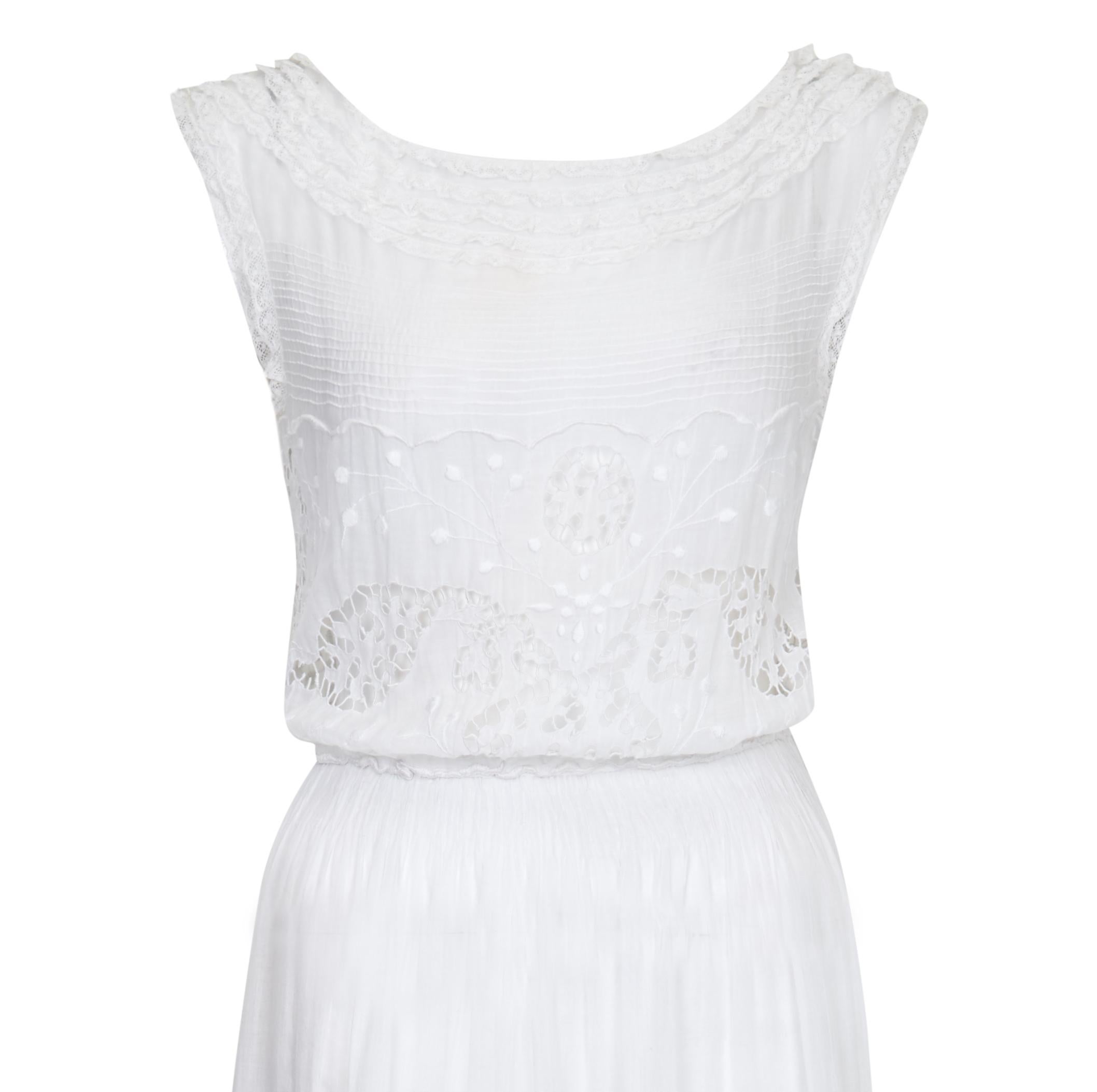 Gray 1930s Handmade Cotton Lawn Dress With White Work and Lace Detail