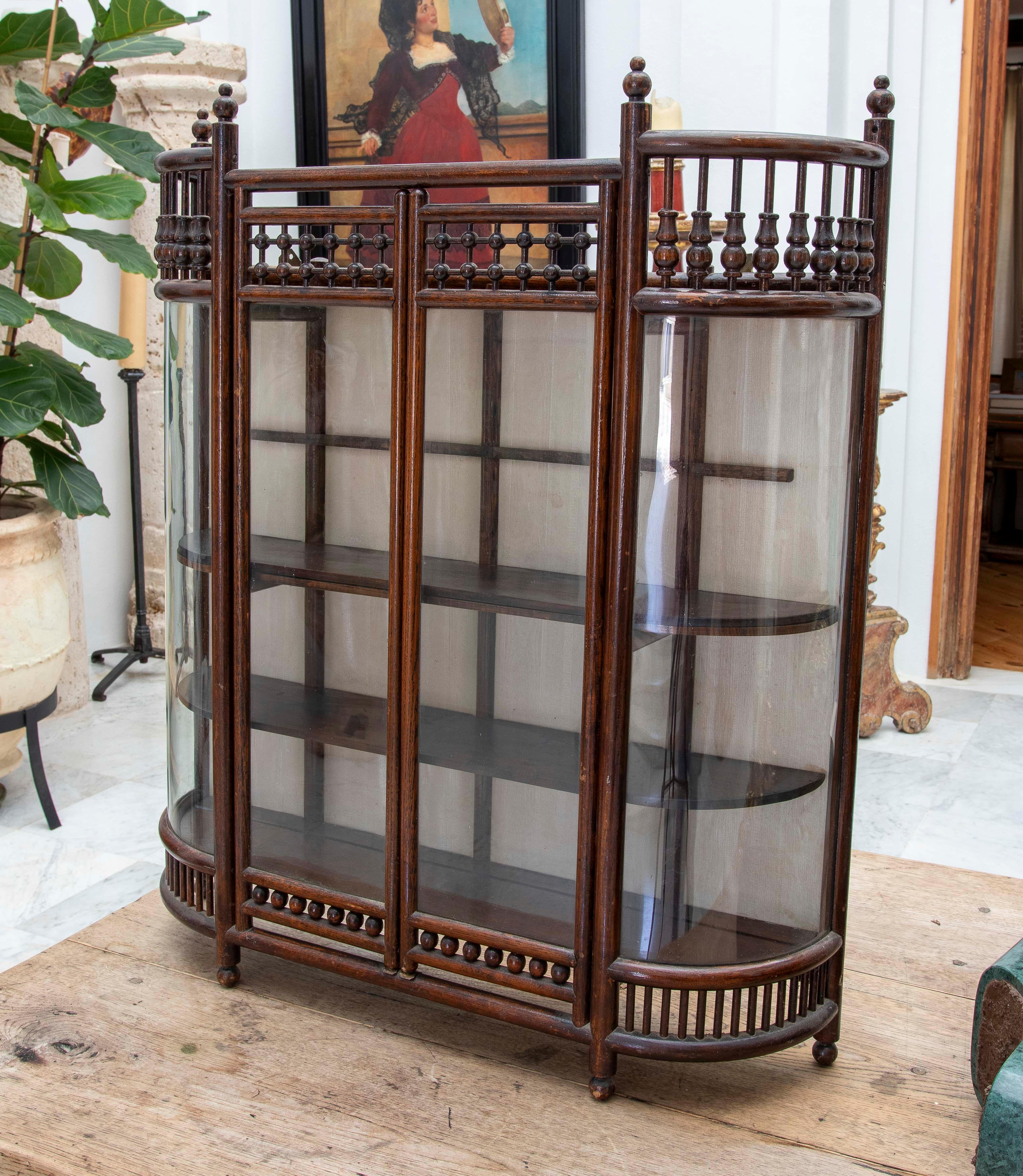 Spanish 1930s Hanging Display Case in Turned Wood and Glass with Rounded Forms For Sale