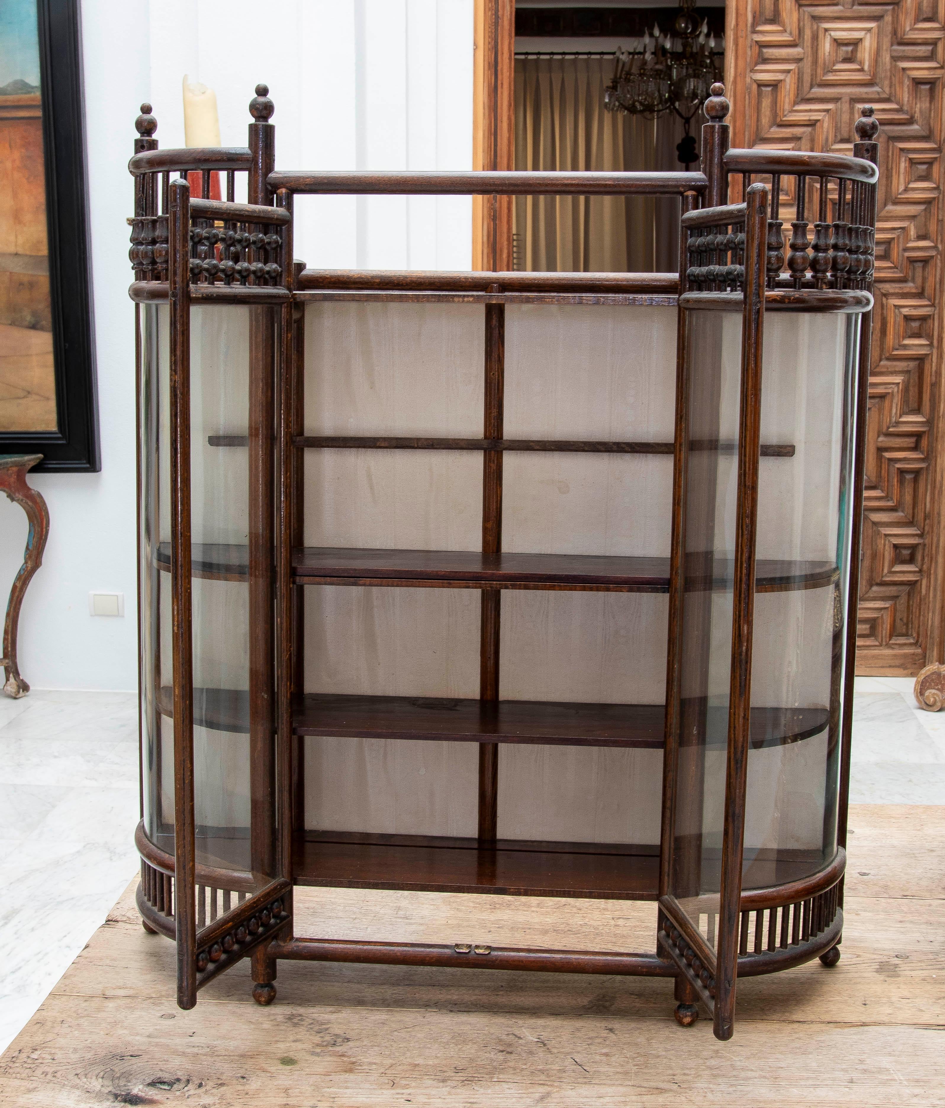 20th Century 1930s Hanging Display Case in Turned Wood and Glass with Rounded Forms For Sale