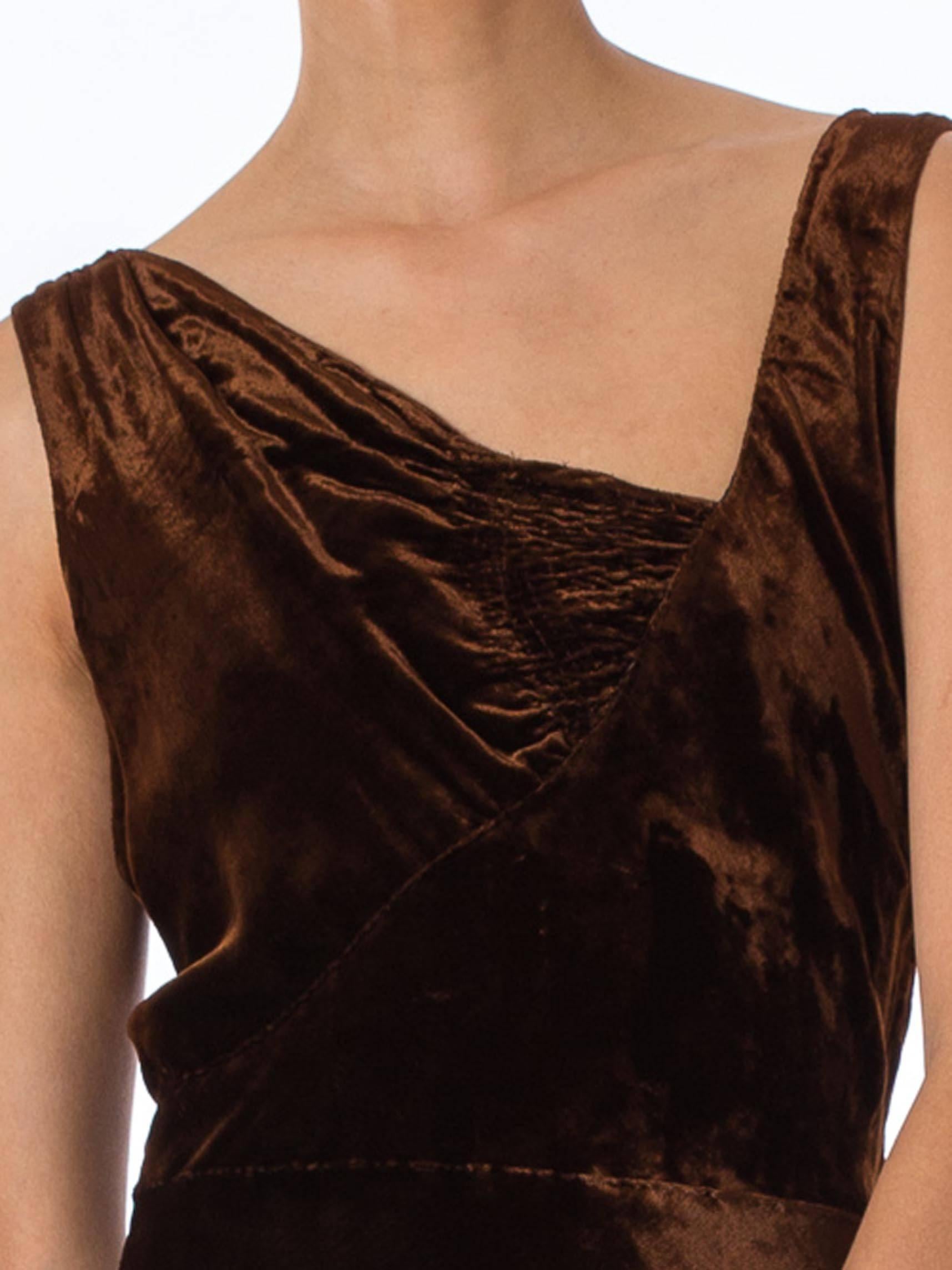 Black 1930S HARRODS Chocolate Brown Asymmetrically Draped Bias Silk Velvet Gown