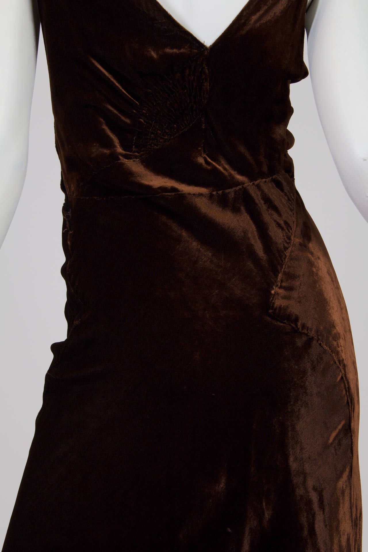 Women's 1930S HARRODS Chocolate Brown Asymmetrically Draped Bias Silk Velvet Gown