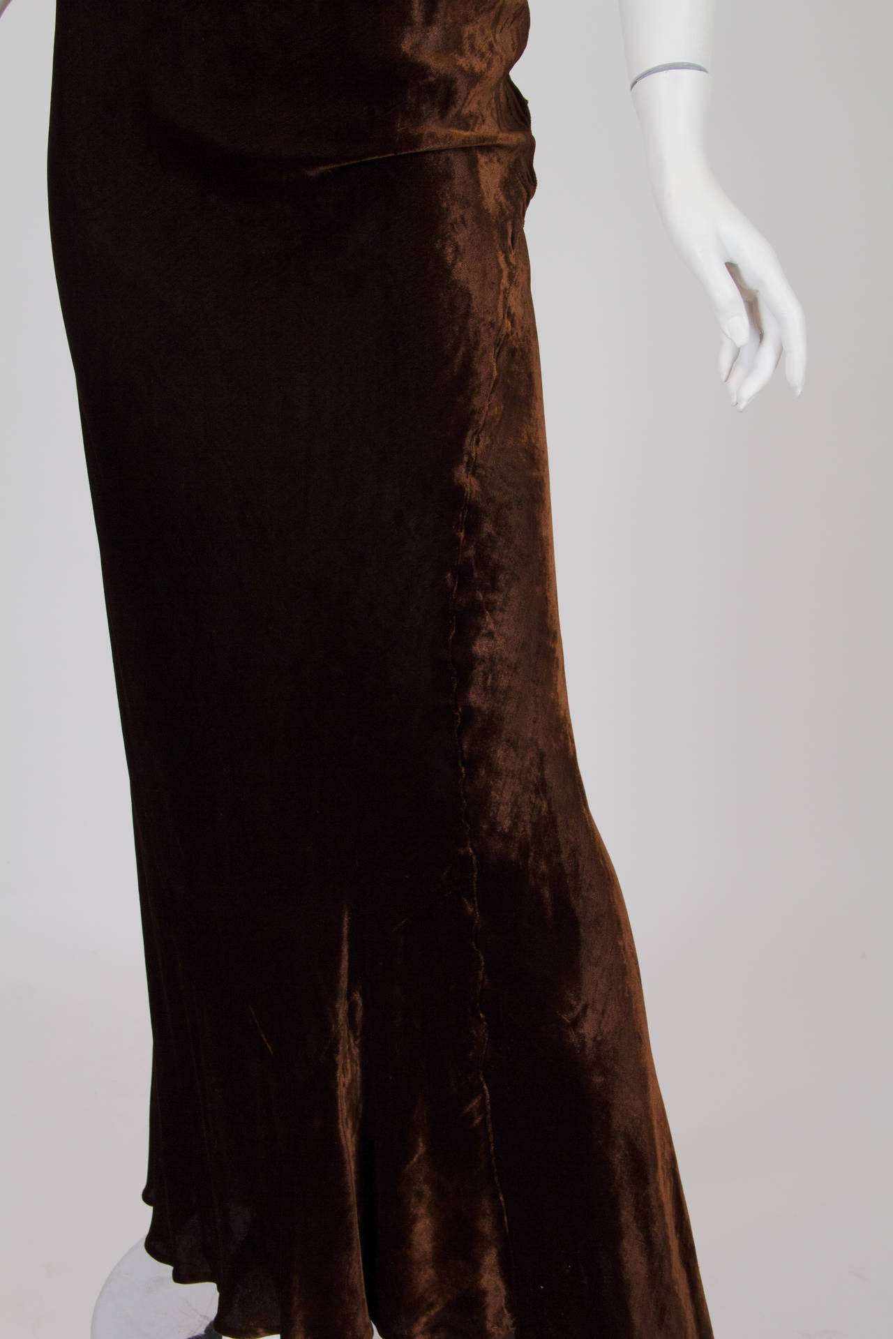 1930S HARRODS Chocolate Brown Asymmetrically Draped Bias Silk Velvet Gown 1
