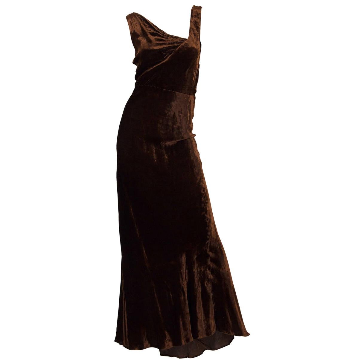 1930S HARRODS Chocolate Brown Asymmetrically Draped Bias Silk Velvet Gown