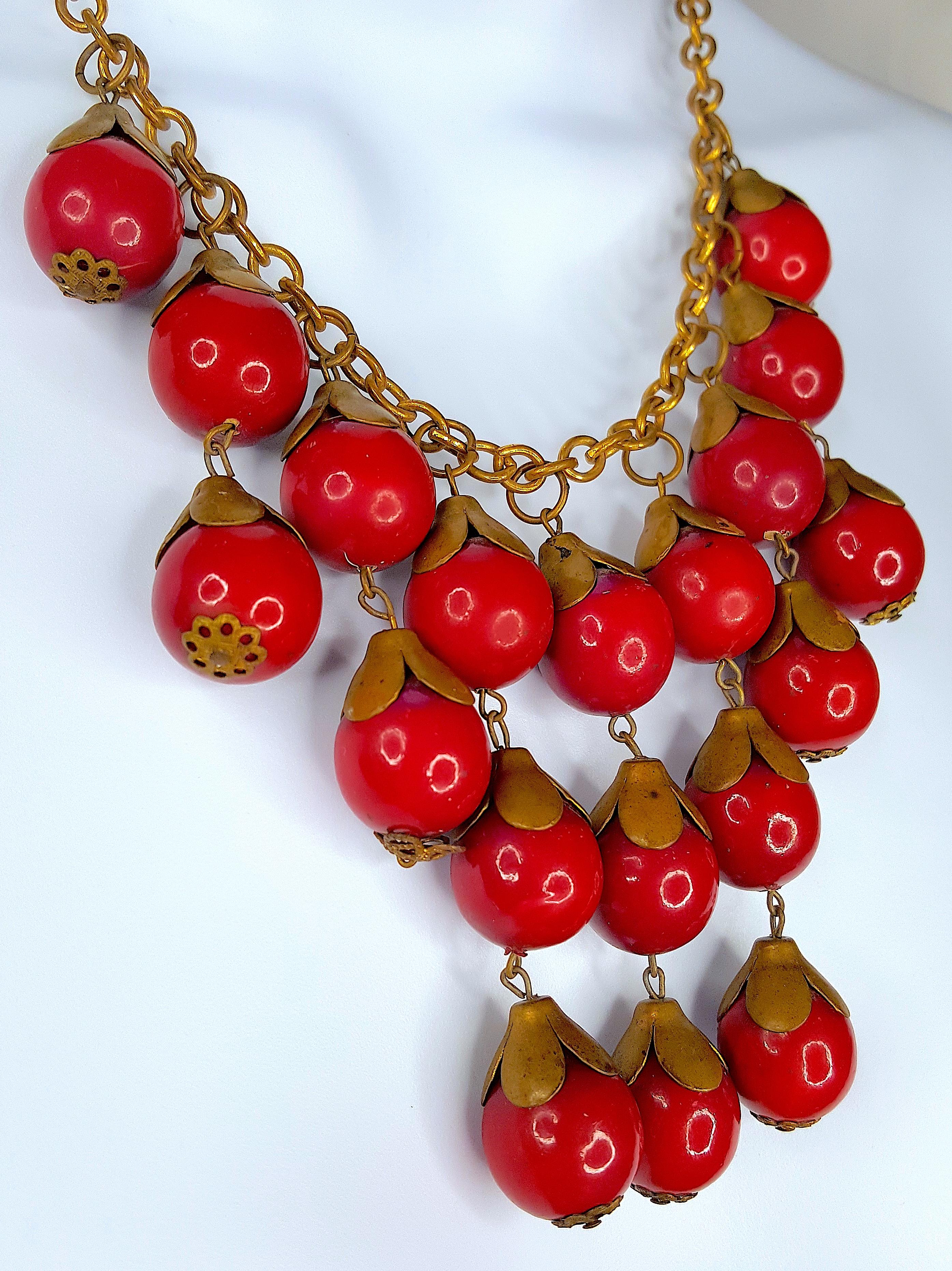 Art Deco 1930s Haskell FrankHess EnameledBrassCappedRedFruitPendants Bib Chain Necklace For Sale