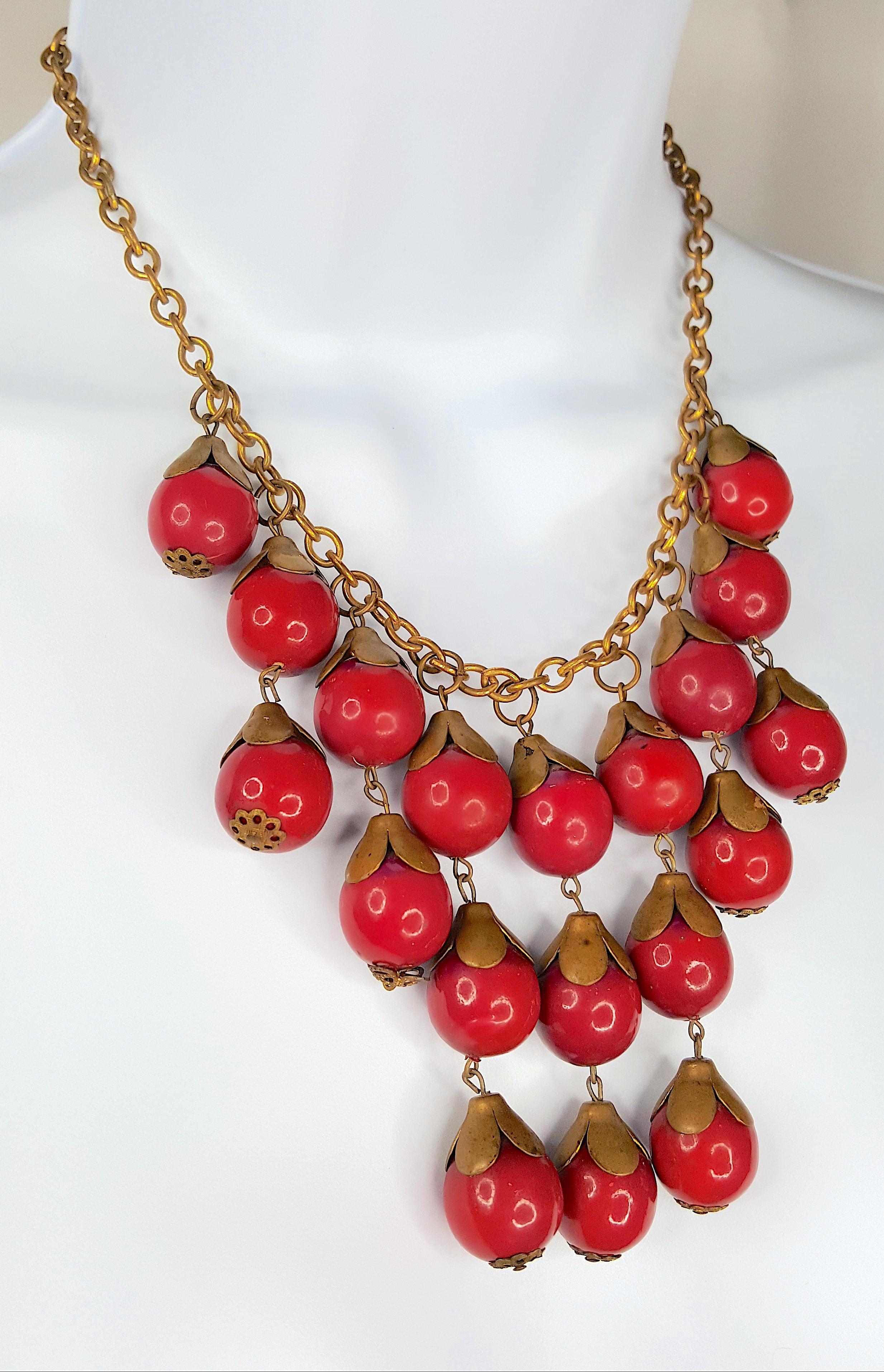1930s Haskell FrankHess EnameledBrassCappedRedFruitPendants Bib Chain Necklace In Good Condition For Sale In Chicago, IL
