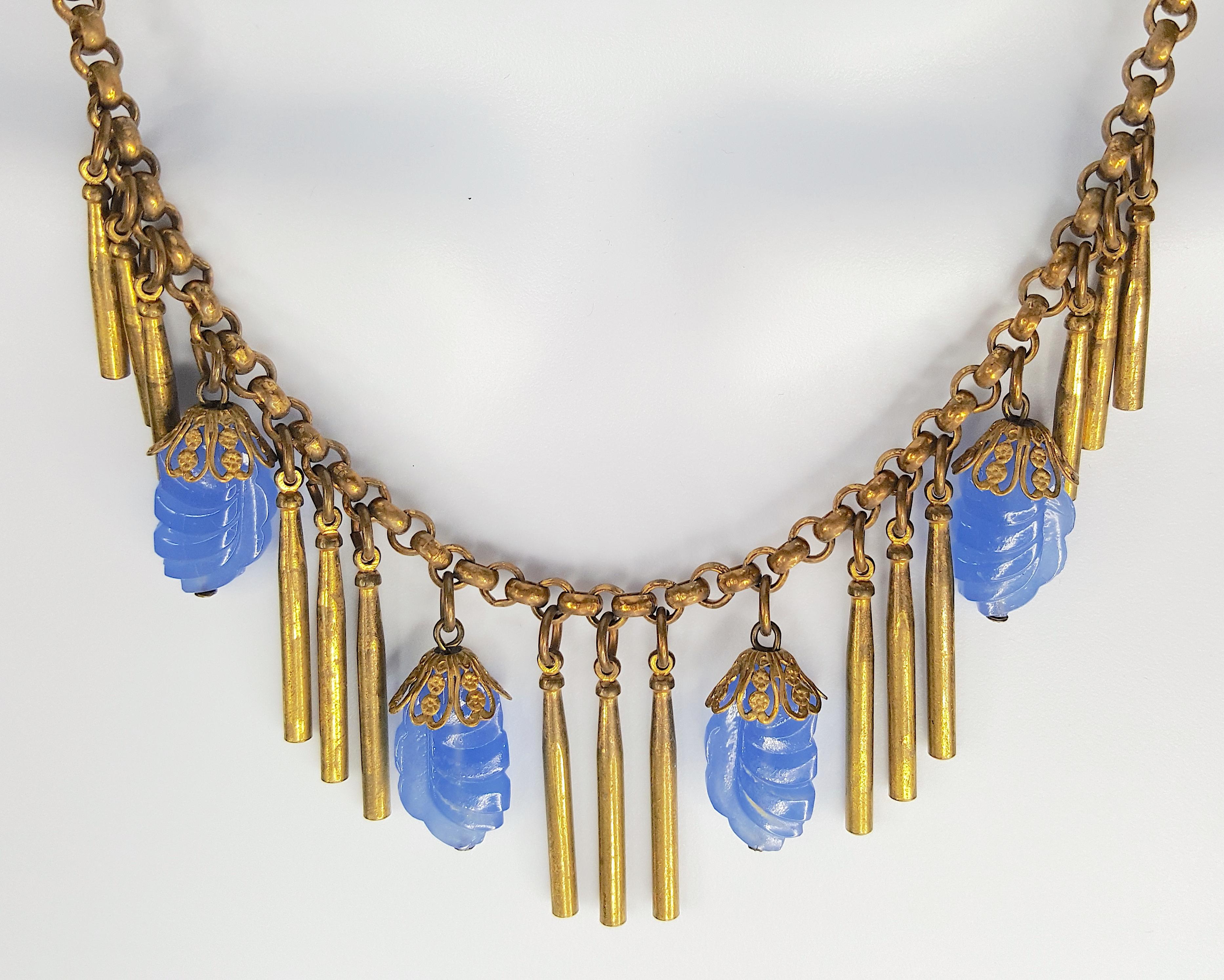 Art Deco 1930s Haskell Hess Fringe BlueGlass & BrassBar Pendants ChainLinkNecklace For Sale
