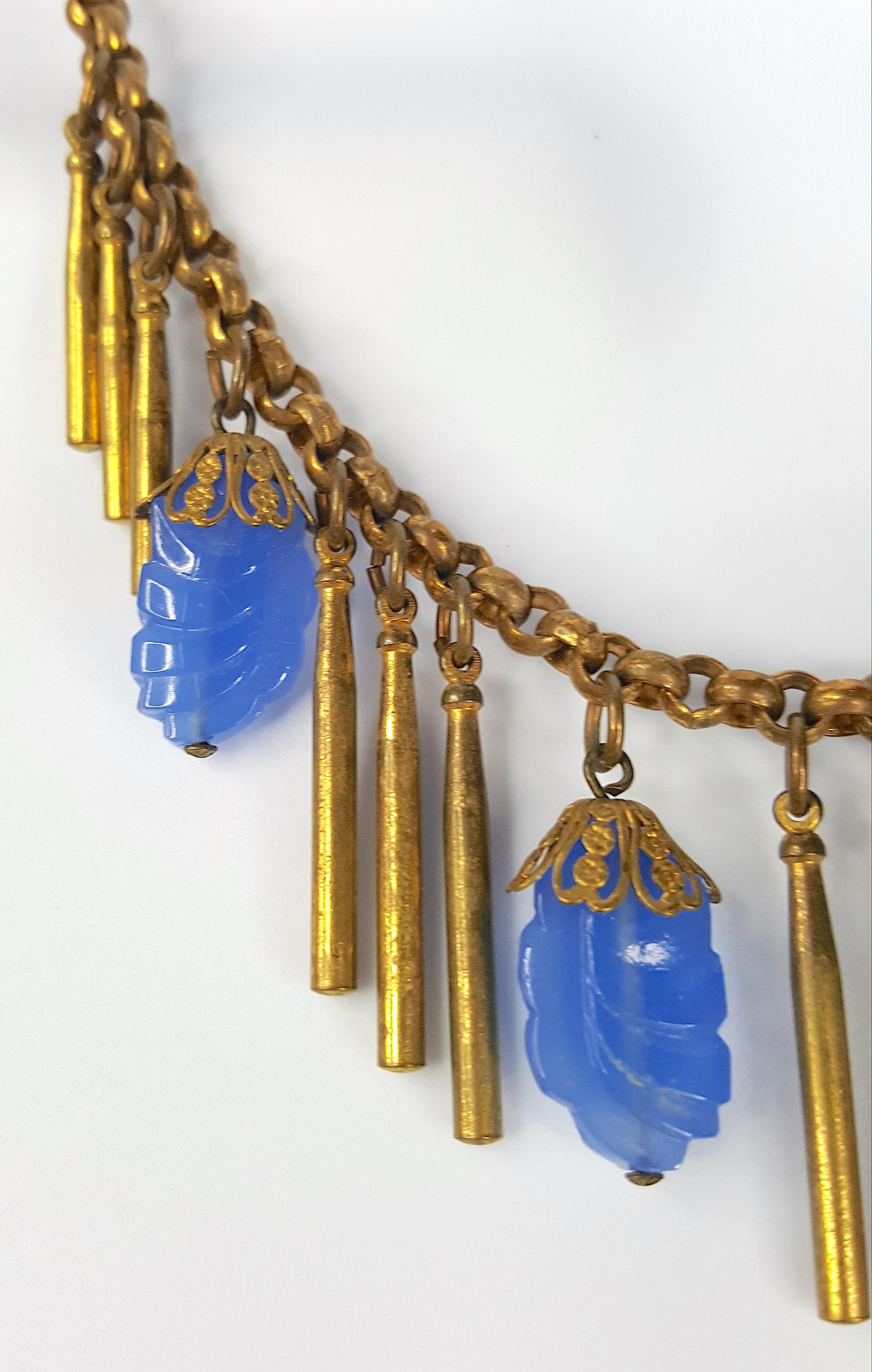 1930s Haskell Hess Fringe BlueGlass & BrassBar Pendants ChainLinkNecklace In Good Condition For Sale In Chicago, IL