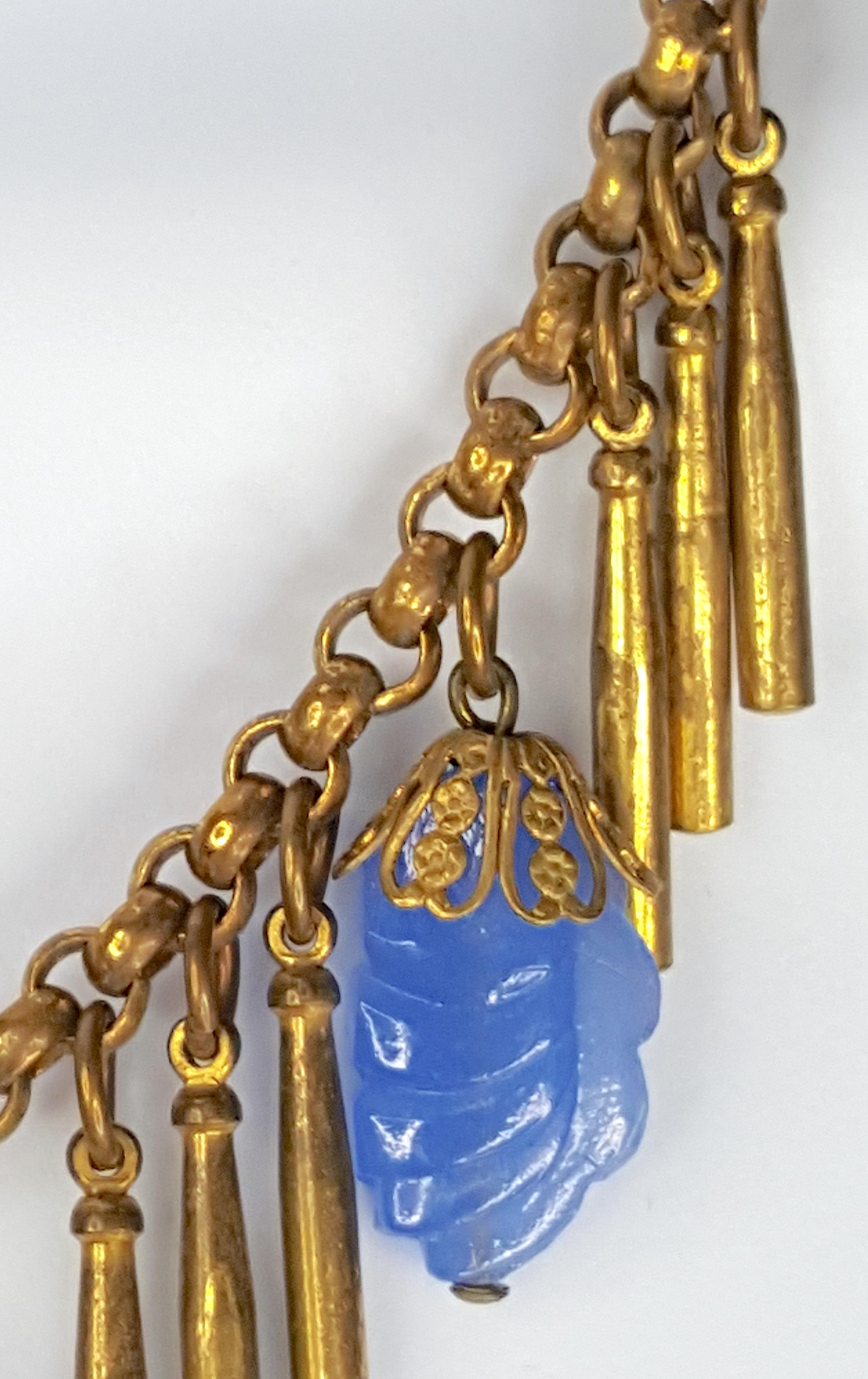 Women's or Men's 1930s Haskell Hess Fringe BlueGlass & BrassBar Pendants ChainLinkNecklace For Sale