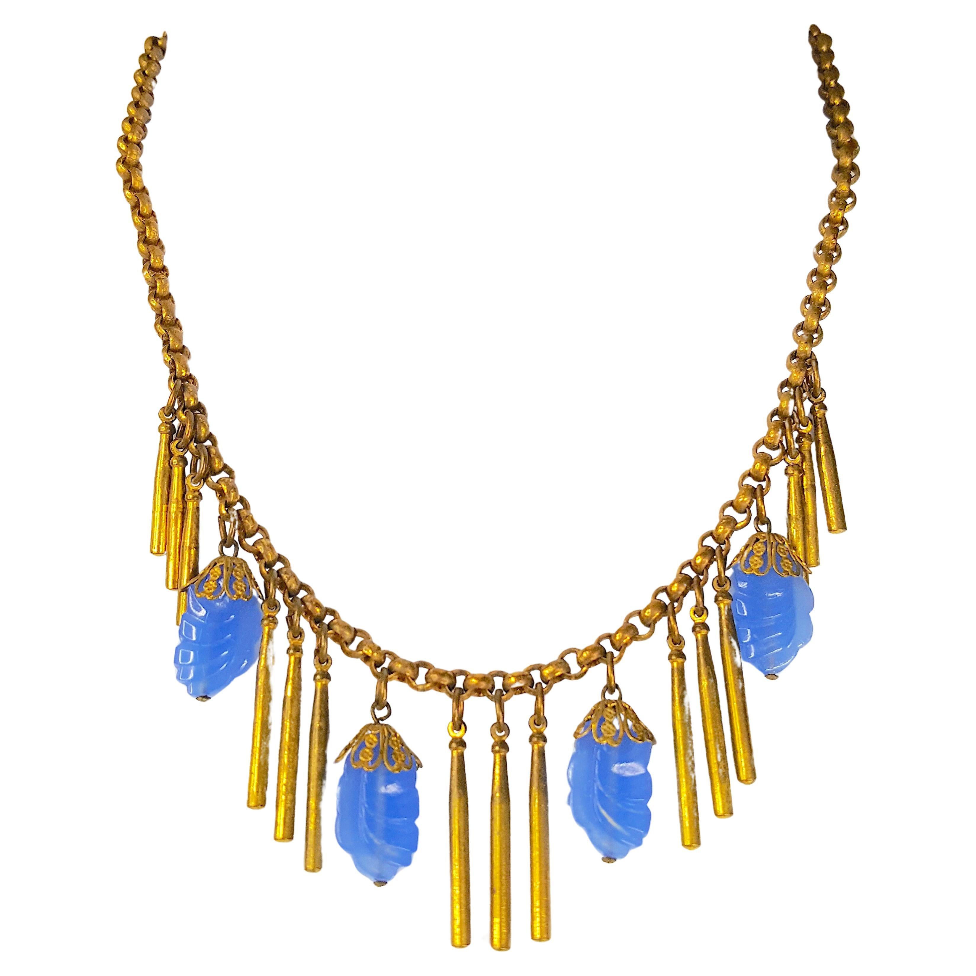 1930s Haskell Hess Fringe BlueGlass & BrassBar Pendants ChainLinkNecklace For Sale