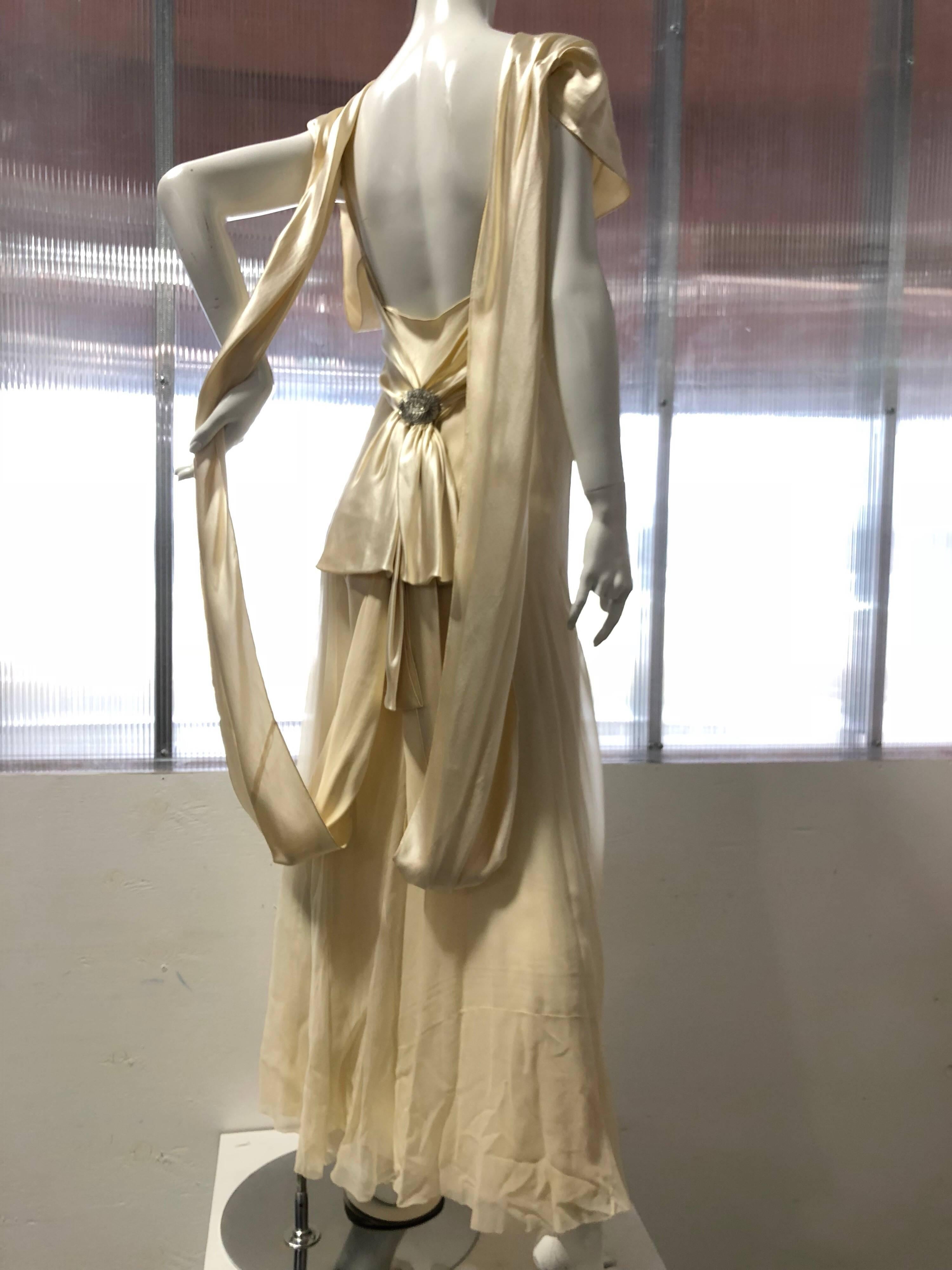 Brown Hattie Carnegie Art Deco Bias Gown in Candlelight Silk Satin and Chiffon, 1930s 