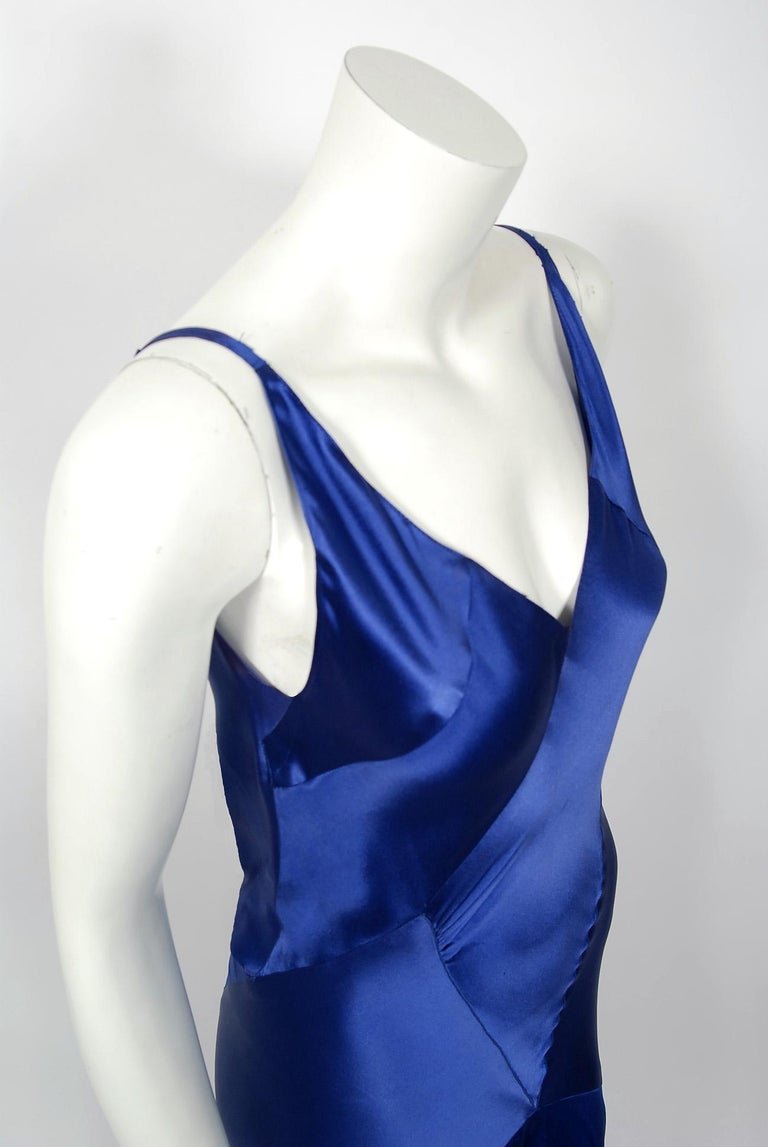 1930's Hattie Carnegie Couture Sapphire-Blue Silk Satin Backless Bias ...