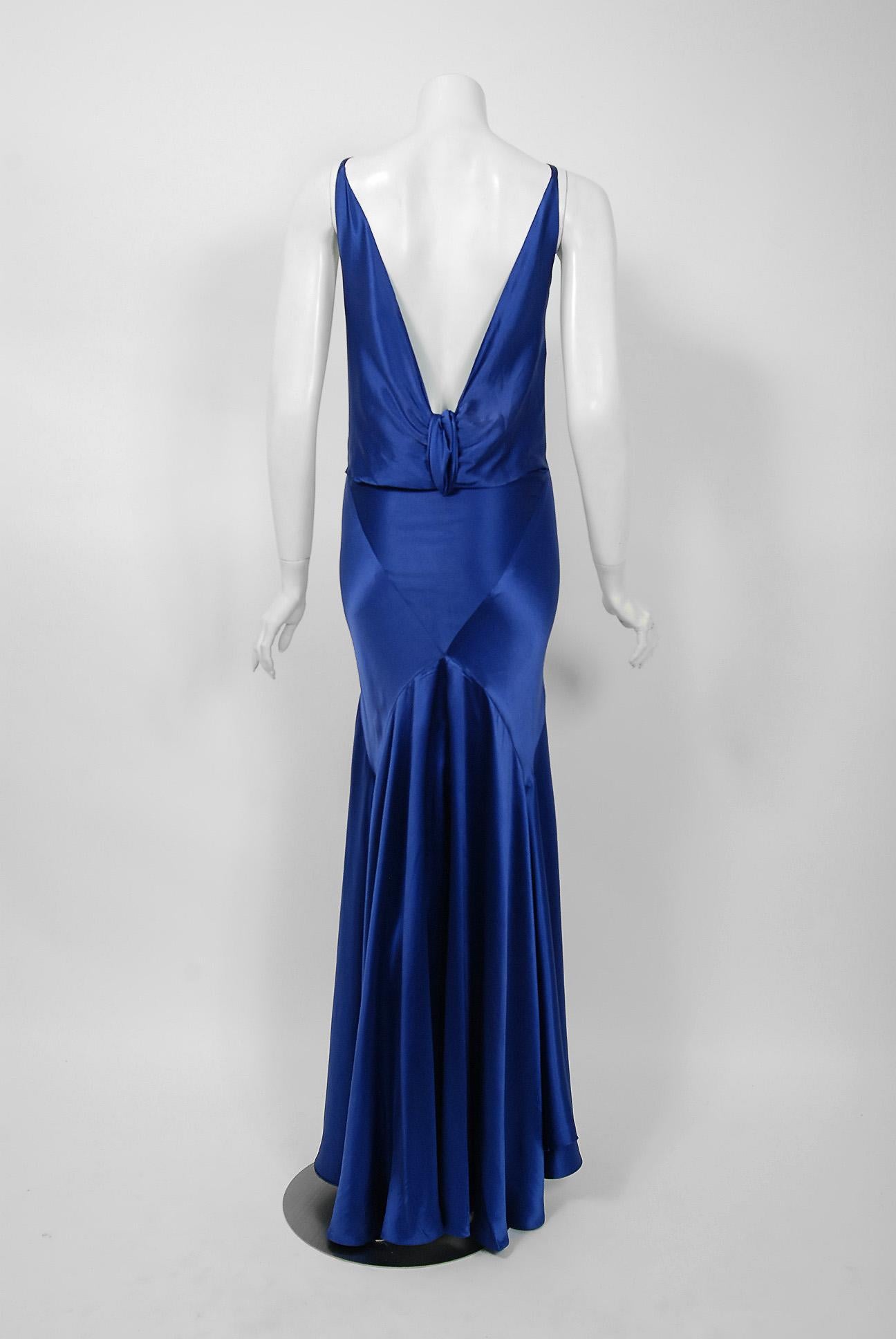 Purple 1930's Hattie Carnegie Couture Sapphire-Blue Silk Satin Backless Bias-Cut Gown