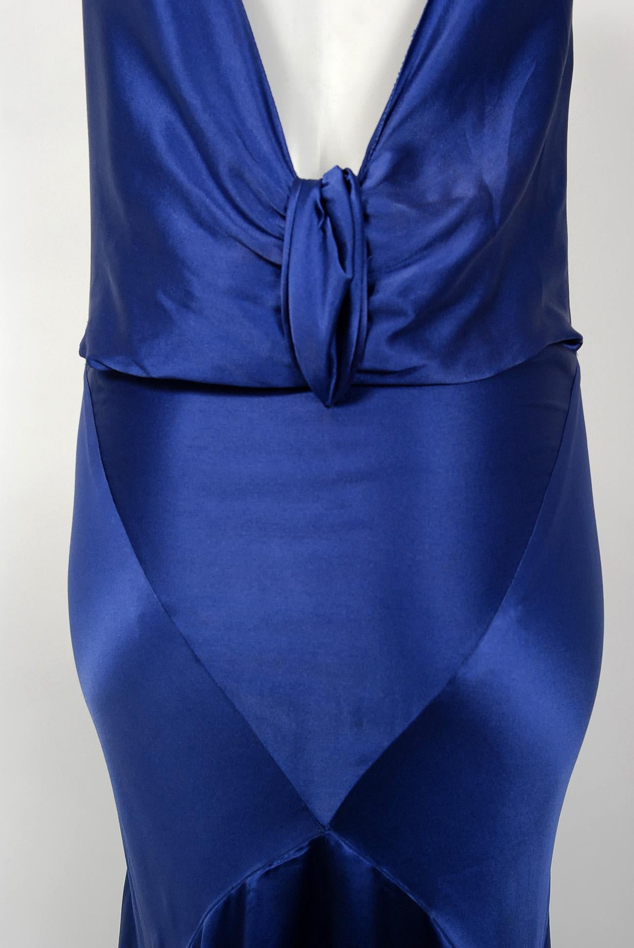 1930's Hattie Carnegie Couture Sapphire-Blue Silk Satin Backless Bias-Cut Gown In Good Condition In Beverly Hills, CA