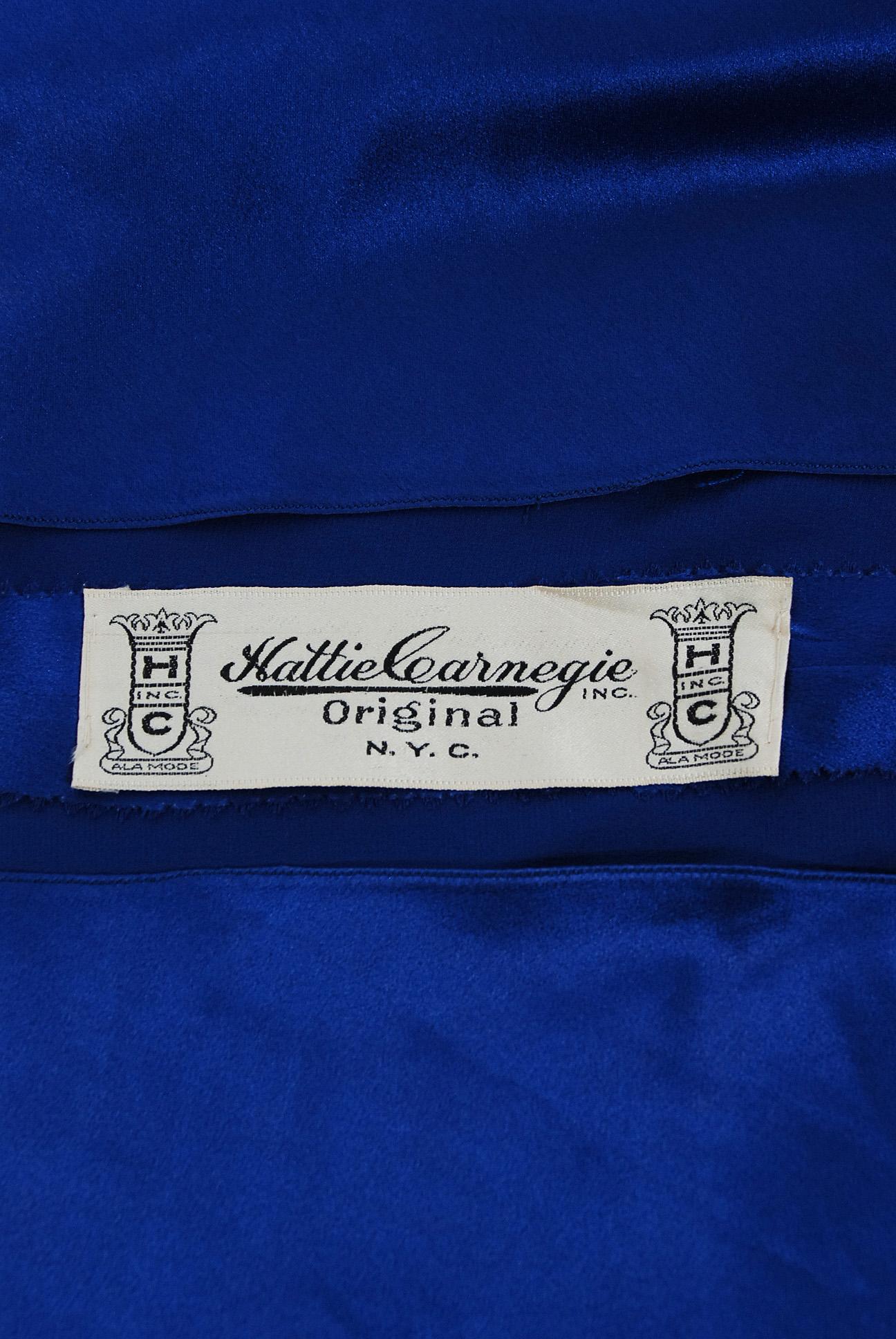 Women's 1930's Hattie Carnegie Couture Sapphire-Blue Silk Satin Backless Bias-Cut Gown