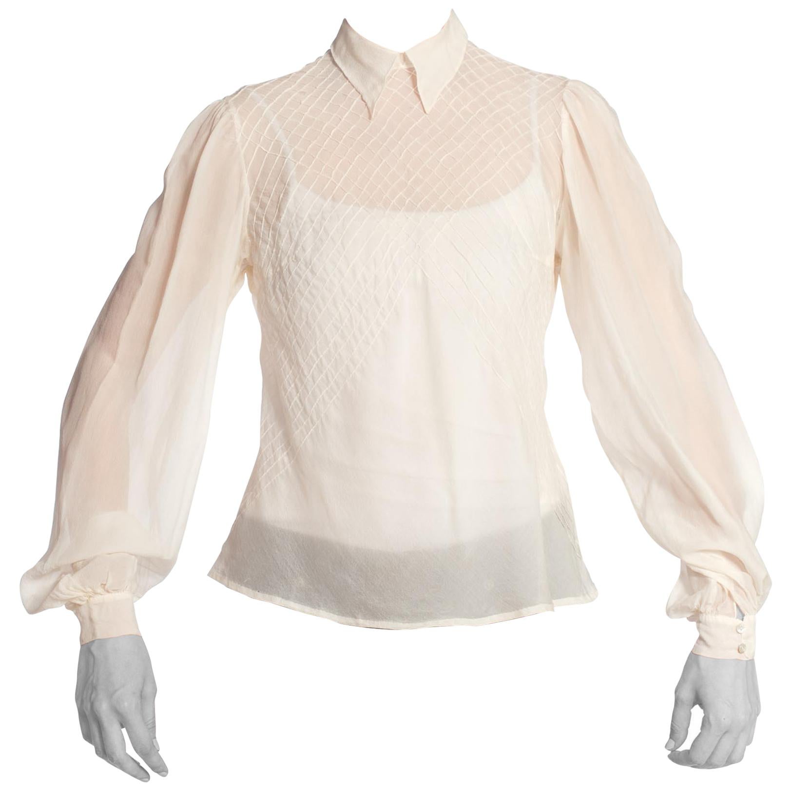 1930S Ivory Haute Couture Silk Chiffon Bias Cut Blouse With Hand Done Art-Deco  For Sale