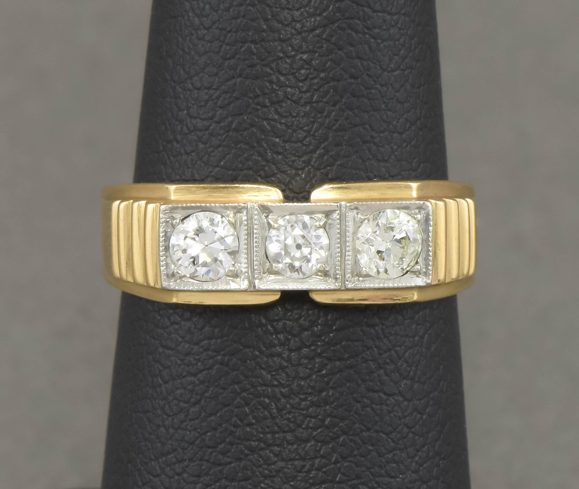 I'm pleased to offer this substantial and luxurious old cut diamond band in high karat gold.  Dating to the 1930's into the 1940's, it has great design elements in keeping with streamlined Art Deco style, but also a nod to the retro period.  I'm
