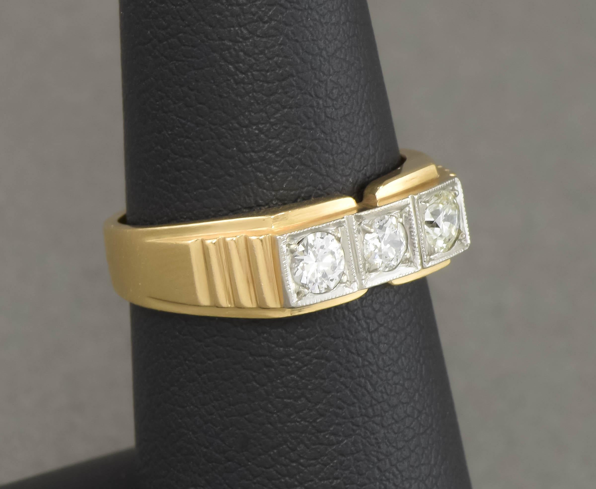 Taille vieille Europe Bague à anneau en or 18 carats et platine avec diamants taille européenne, années 1930, pour hommes ou femmes en vente