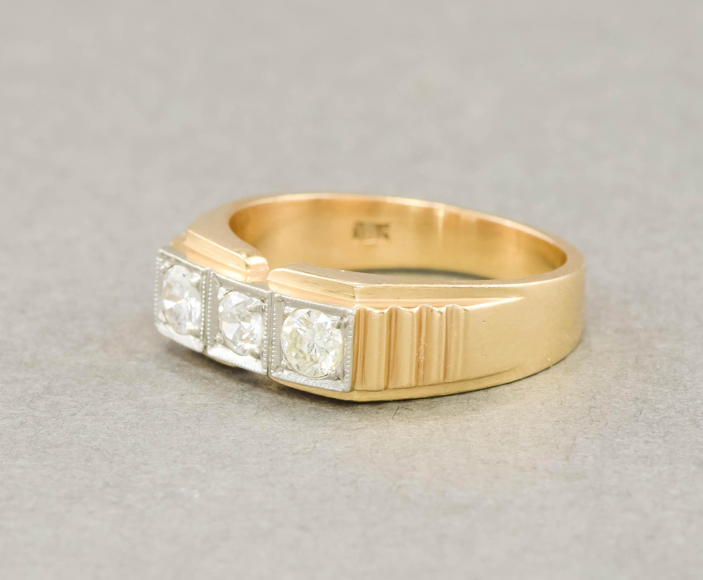 Women's or Men's 1930's Heavy 18K Gold Platinum European Cut Diamond Band Ring - for Men or Women For Sale